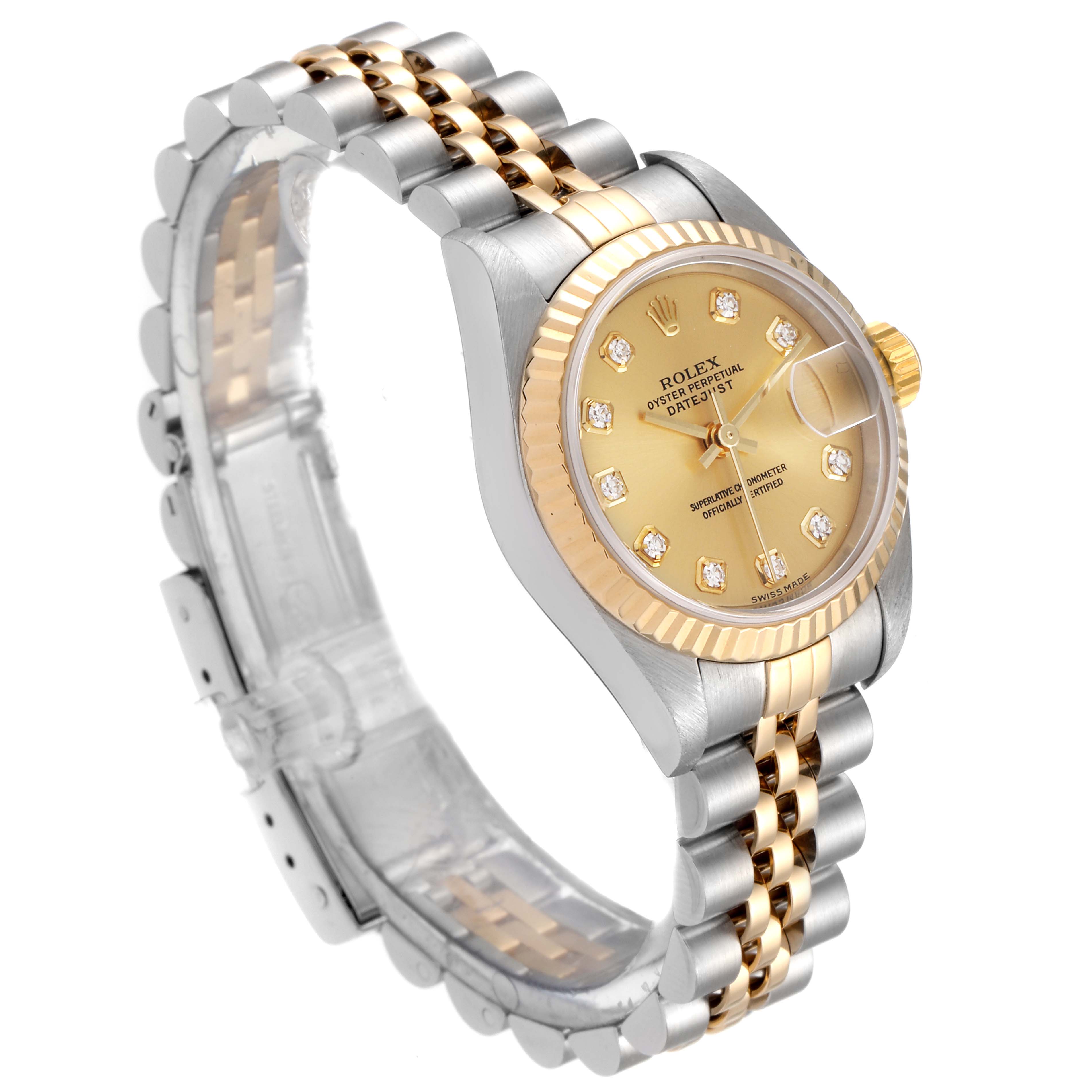 The image shows a Rolex Datejust 79173 Women's Steel and Gold (two tone) Champagne Dial 79173 Women's Steel and Gold (two tone) Champagne Dial watch from an angle displaying the face, bracelet, and partial side view.