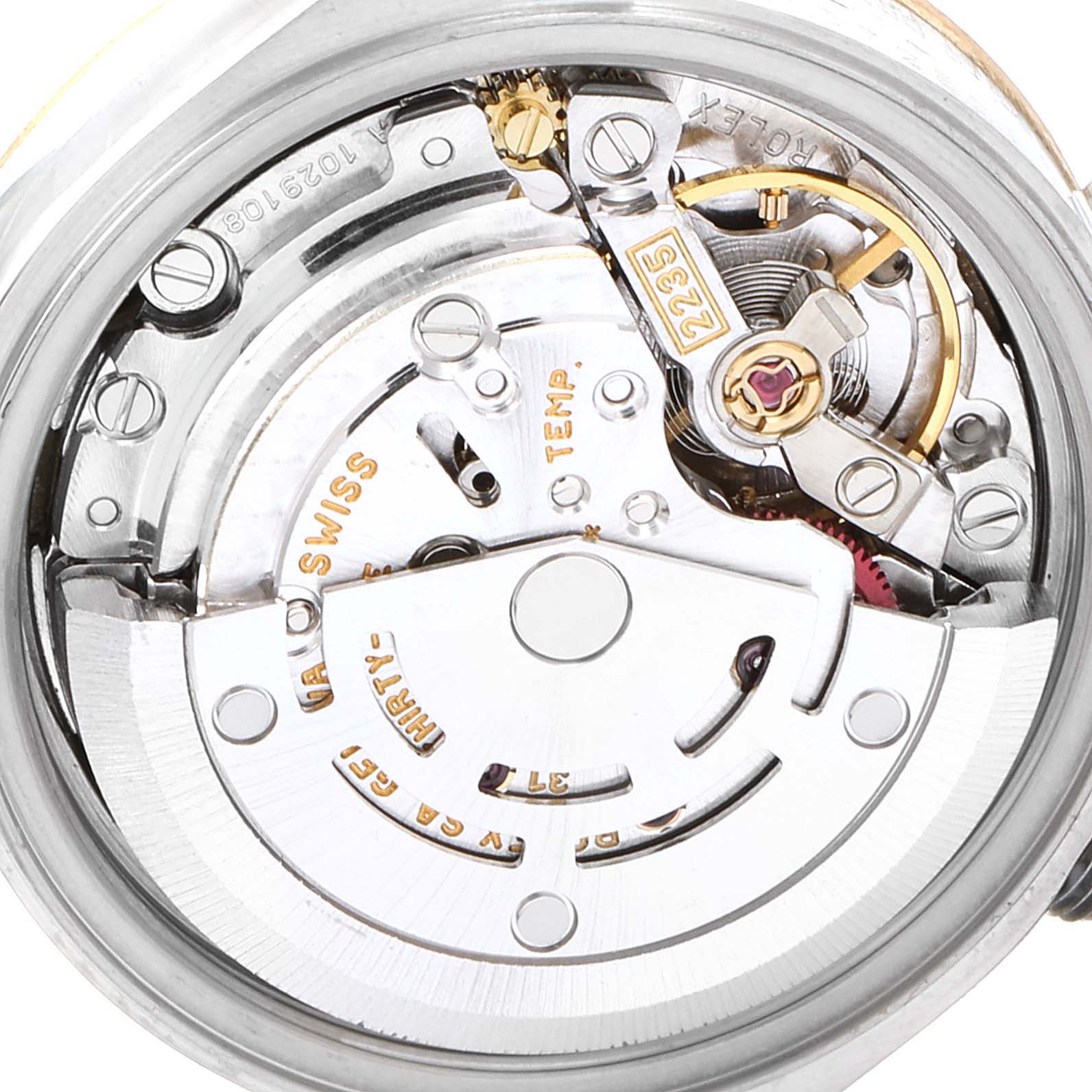 The image shows a close-up of the internal movement mechanism of a Rolex Datejust 79173 Women's Steel and Gold (two tone) Champagne Dial 79173 Women's Steel and Gold (two tone) Champagne Dial watch.
