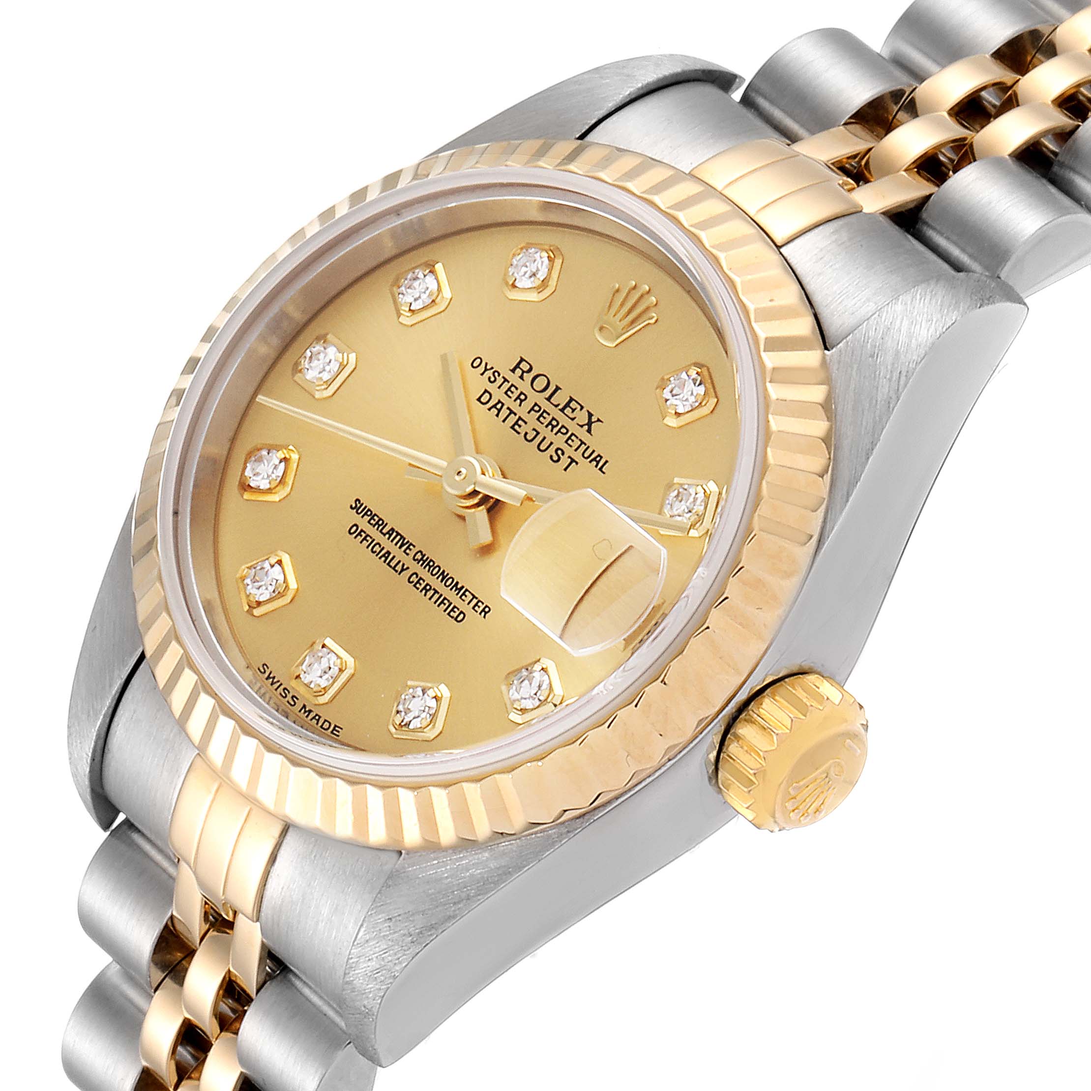 This image shows the Rolex Datejust 79173 Women's Steel and Gold (two tone) Champagne Dial 79173 Women's Steel and Gold (two tone) Champagne Dial watch at an angle displaying the dial, bezel, crown, and part of the bracelet.
