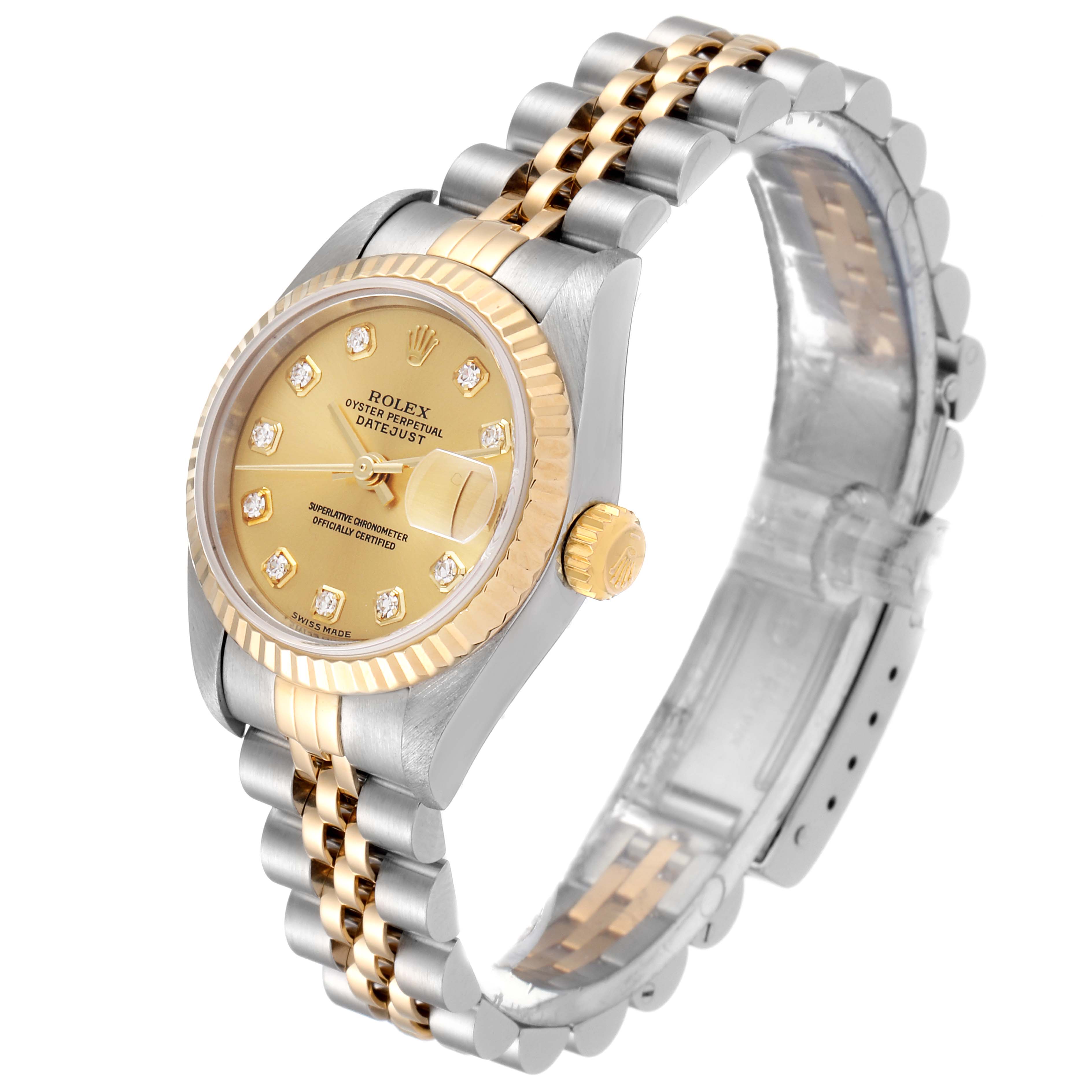 The Rolex Datejust 79173 Women's Steel and Gold (two tone) Champagne Dial 79173 Women's Steel and Gold (two tone) Champagne Dial watch is shown at a 3/4 angle, highlighting the face, bezel, and bracelet.