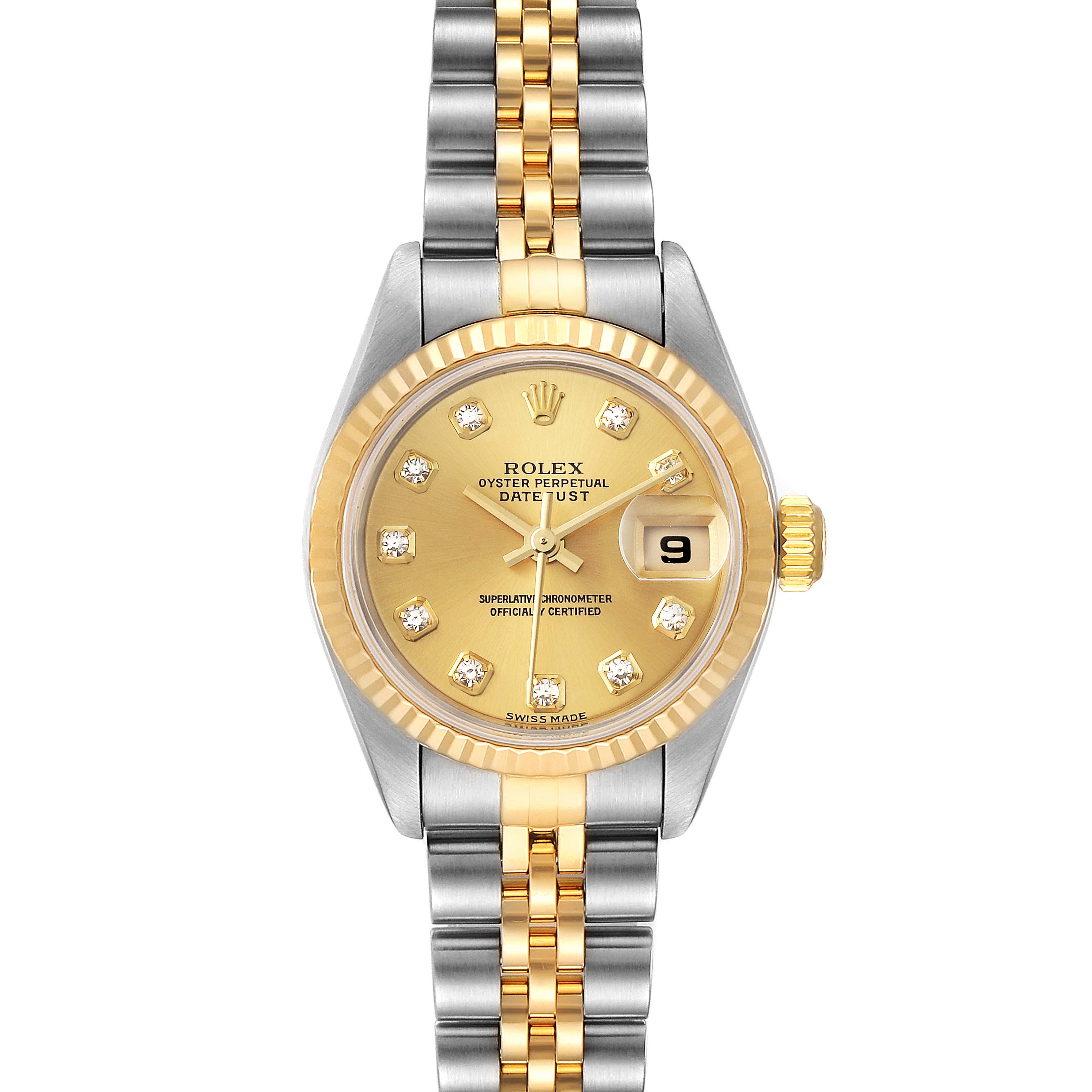 This image shows a front view of the Rolex Datejust 79173 Women's Steel and Gold (two tone) Champagne Dial 79173 Women's Steel and Gold (two tone) Champagne Dial watch, detailing the face, bezel, and two-tone bracelet.