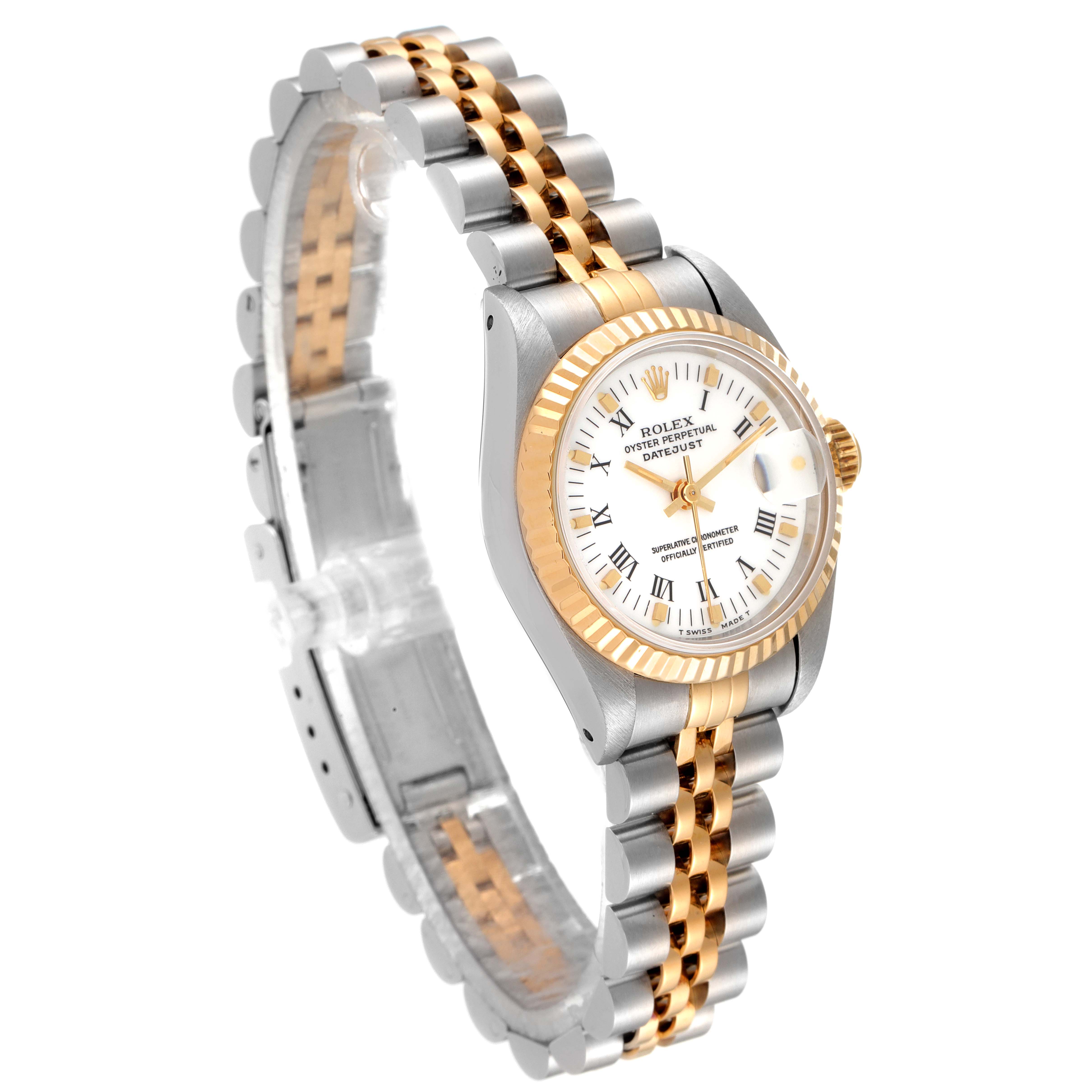 The image shows a Rolex Datejust 69173 Women's Steel and Gold (two tone) White Dial 69173 Women's Steel and Gold (two tone) White Dial watch from an angled side view, highlighting the dial, fluted bezel, and two-tone bracelet.