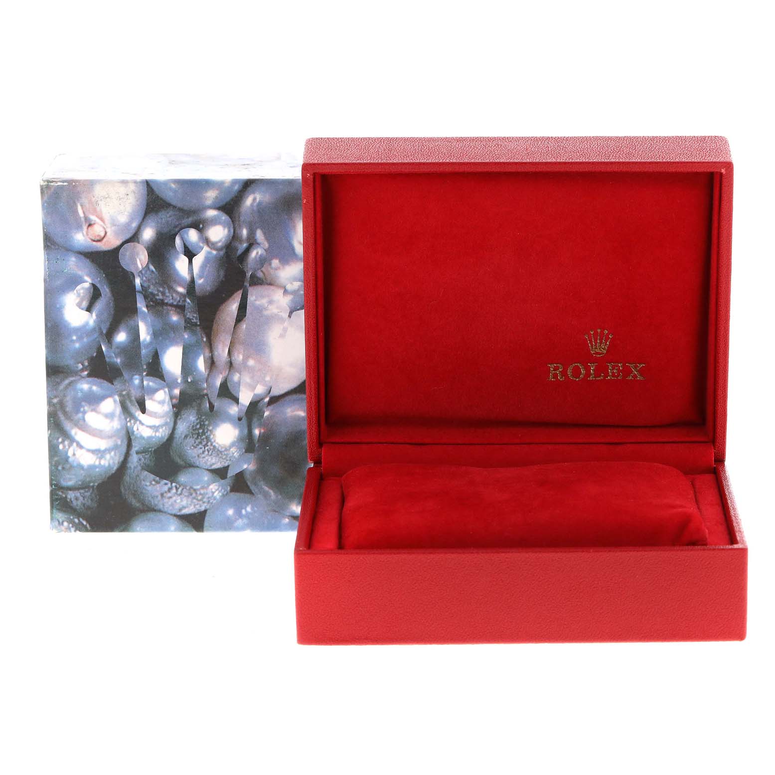 The image shows an open red Rolex Datejust 69173 Women's Steel and Gold (two tone) White Dial 69173 Women's Steel and Gold (two tone) White Dial watch box with the Rolex logo, alongside its outer packaging.