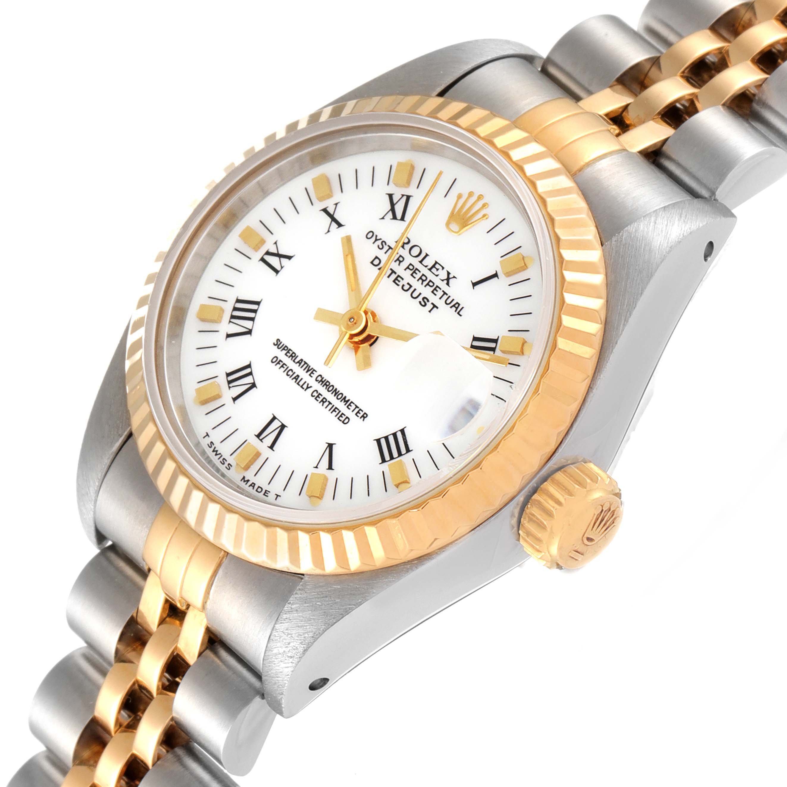 The image shows a close-up angle of the Rolex Datejust 69173 Women's Steel and Gold (two tone) White Dial 69173 Women's Steel and Gold (two tone) White Dial model, highlighting the bezel, dial, crown, and two-tone bracelet.