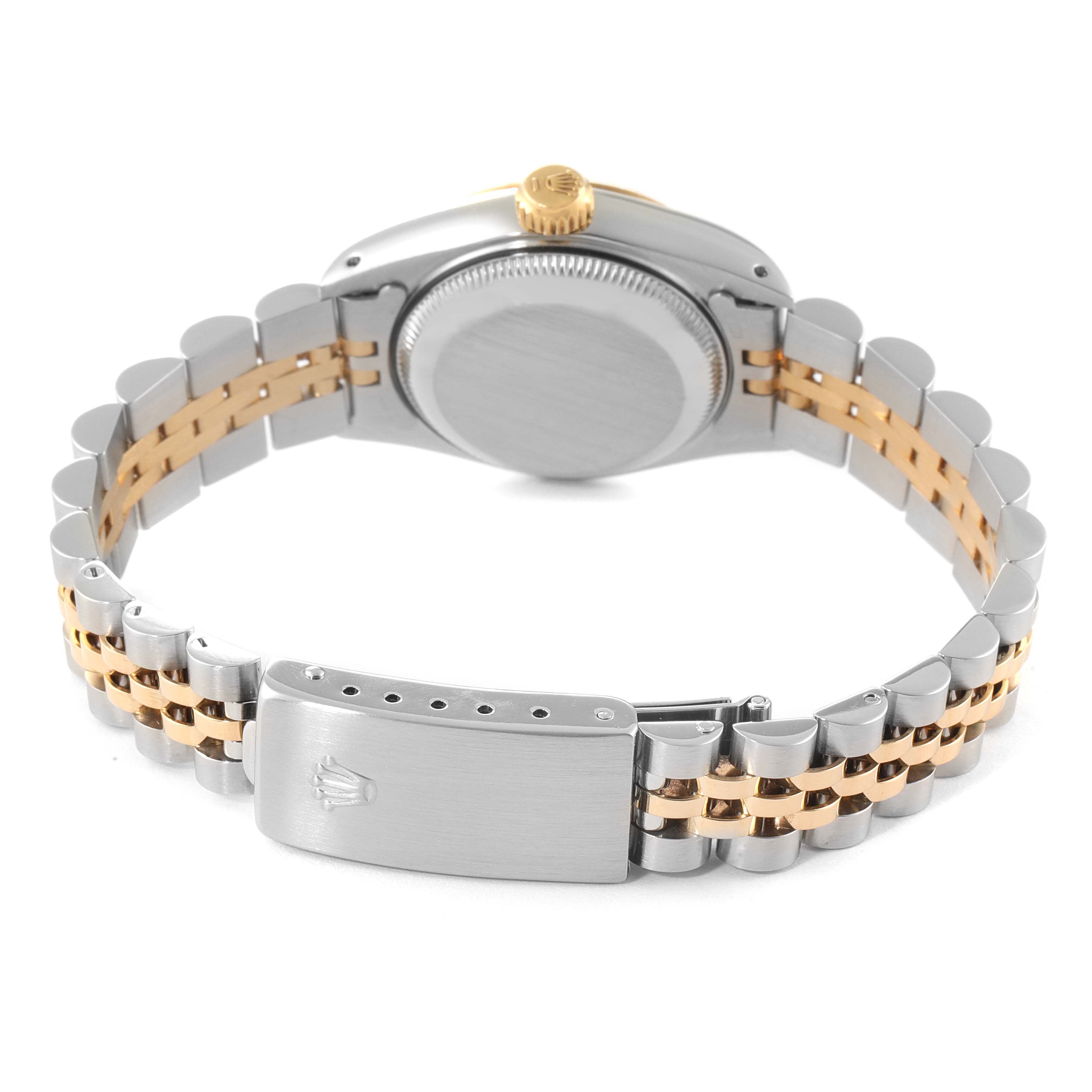 This image shows the back and bracelet clasp of a Rolex Datejust 69173 Women's Steel and Gold (two tone) White Dial 69173 Women's Steel and Gold (two tone) White Dial watch, displaying its two-tone metal design.