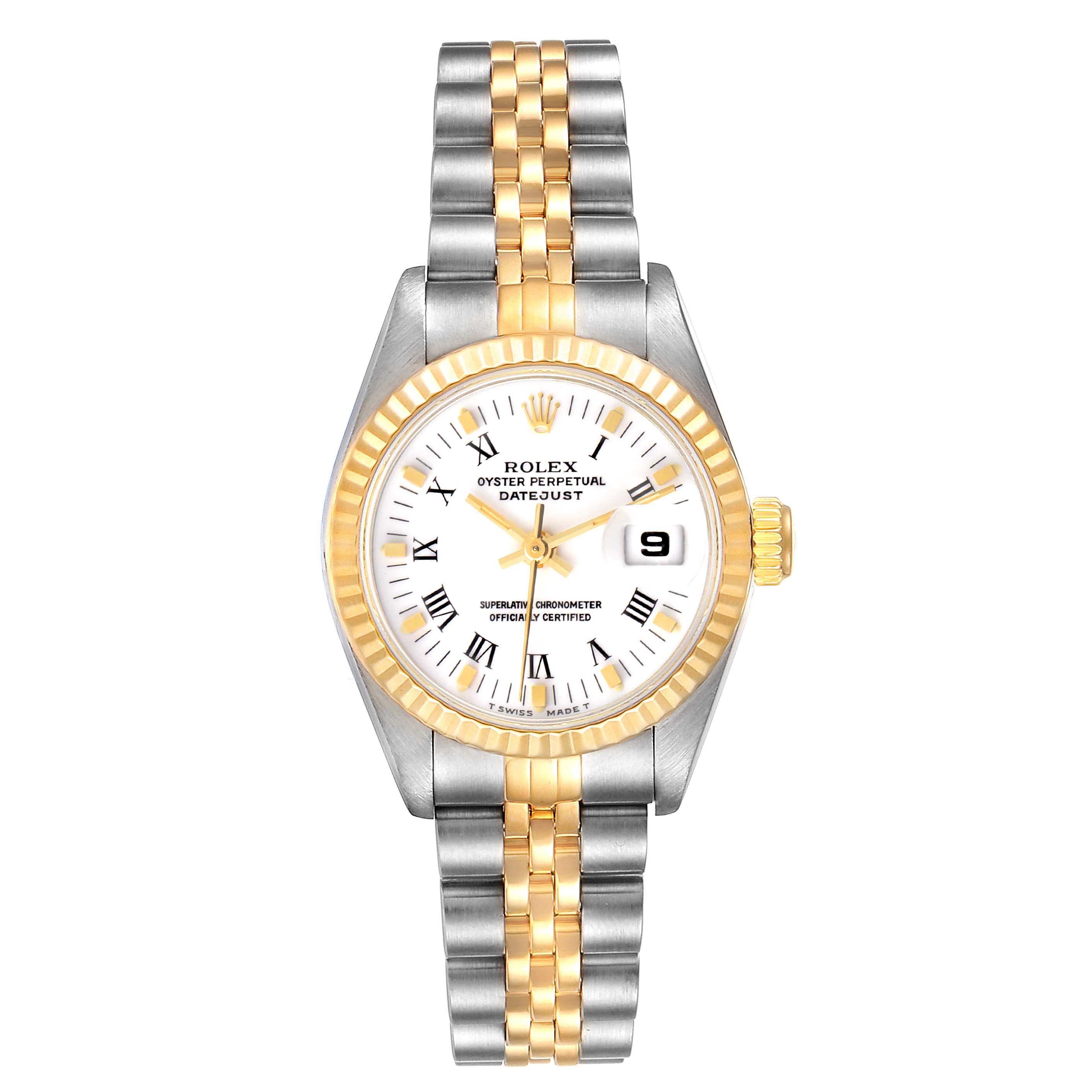 This image shows a front view of a Rolex Datejust 69173 Women's Steel and Gold (two tone) White Dial 69173 Women's Steel and Gold (two tone) White Dial watch with a two-tone bracelet and a white dial featuring Roman numerals and a date display.