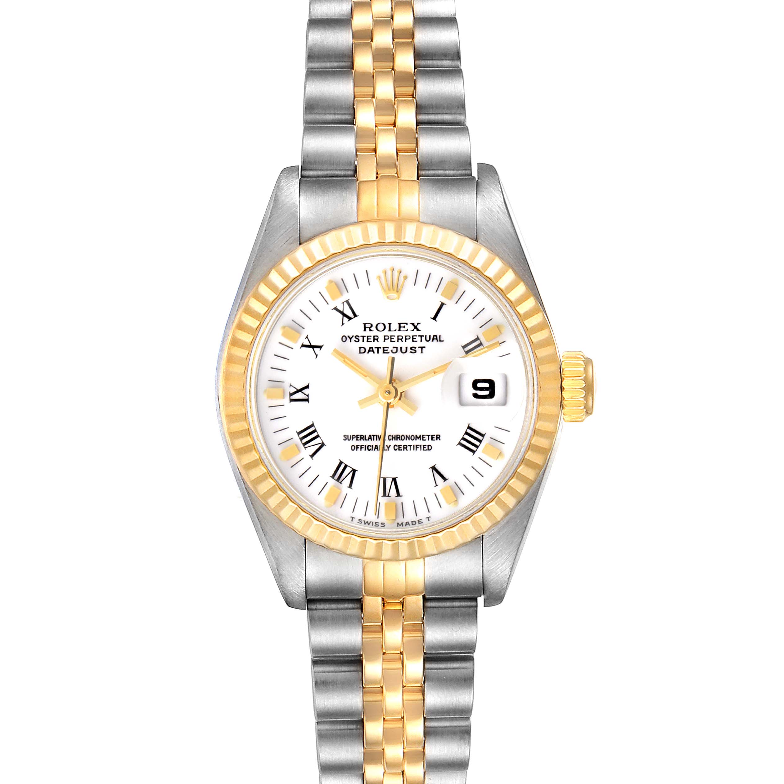 This image shows a Rolex Datejust 69173 Women's Steel and Gold (two tone) White Dial 69173 Women's Steel and Gold (two tone) White Dial watch, featuring its round face, bi-metal bracelet, fluted bezel, and date display at 3 o'clock.