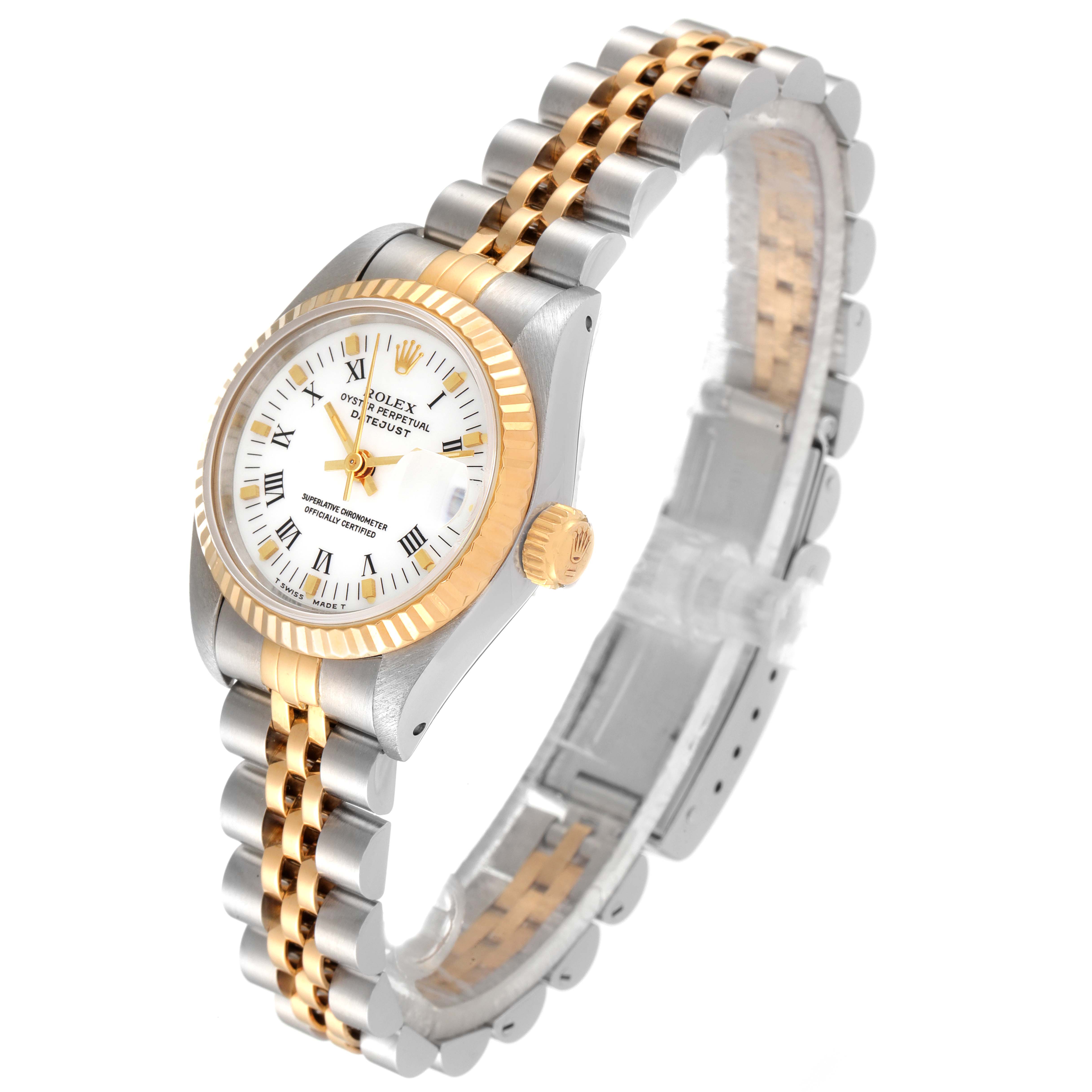 The image shows a Rolex Datejust 69173 Women's Steel and Gold (two tone) White Dial 69173 Women's Steel and Gold (two tone) White Dial watch at a slight angle, highlighting the face, bezel, and two-tone metal bracelet.