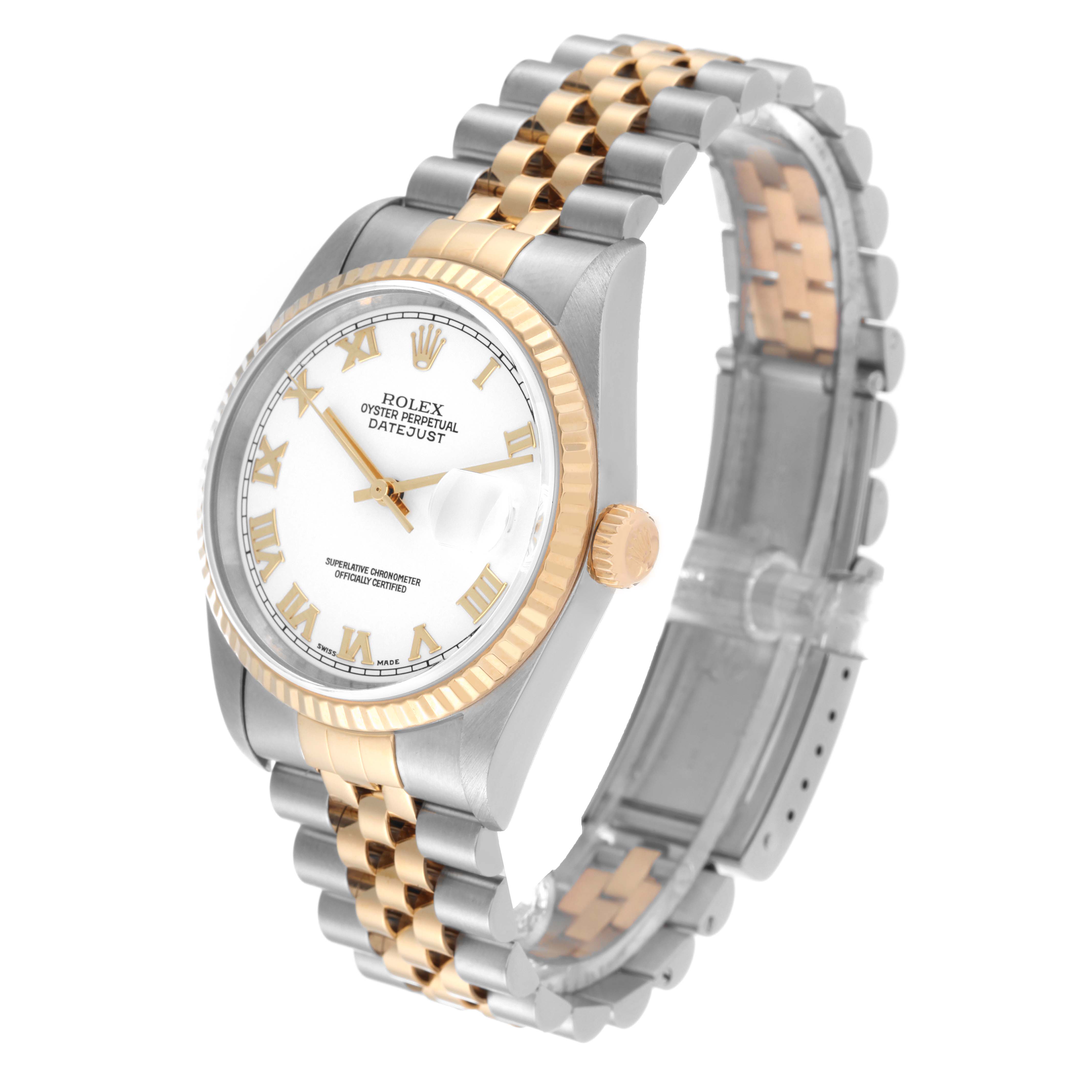 The image shows a Rolex Datejust 16233 Men's Steel and Gold (two tone) White Dial 16233 Men's Steel and Gold (two tone) White Dial watch angled from the top left, highlighting the two-tone bracelet, fluted bezel, and face with Roman numerals.