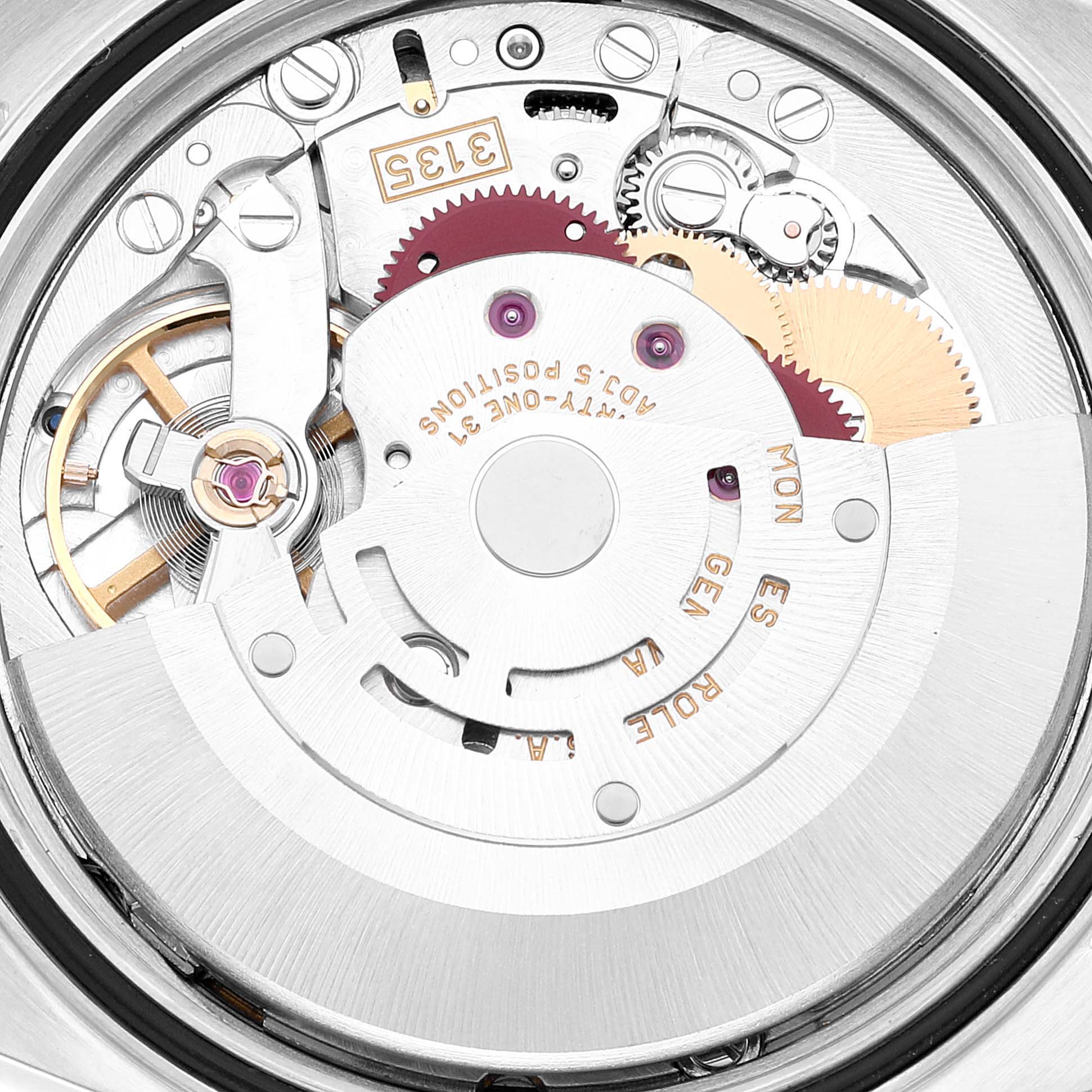 The image shows the intricate movement parts and mechanics of a Rolex Datejust 16233 Men's Steel and Gold (two tone) White Dial 16233 Men's Steel and Gold (two tone) White Dial watch from a close-up, internal angle.