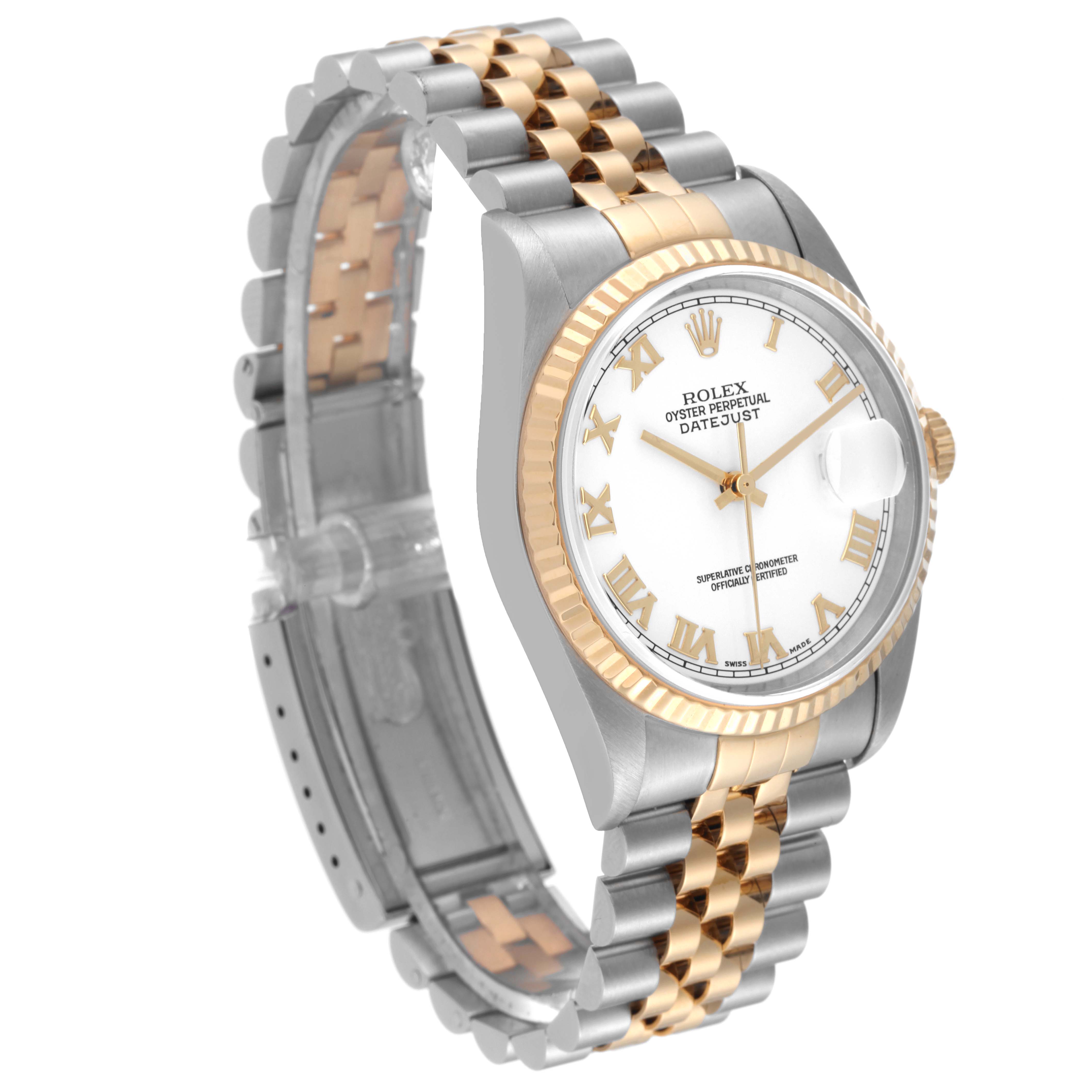 This Rolex Datejust 16233 Men's Steel and Gold (two tone) White Dial 16233 Men's Steel and Gold (two tone) White Dial model is shown at a slight angle, highlighting the watch face, fluted bezel, two-tone bracelet, and partial clasp.