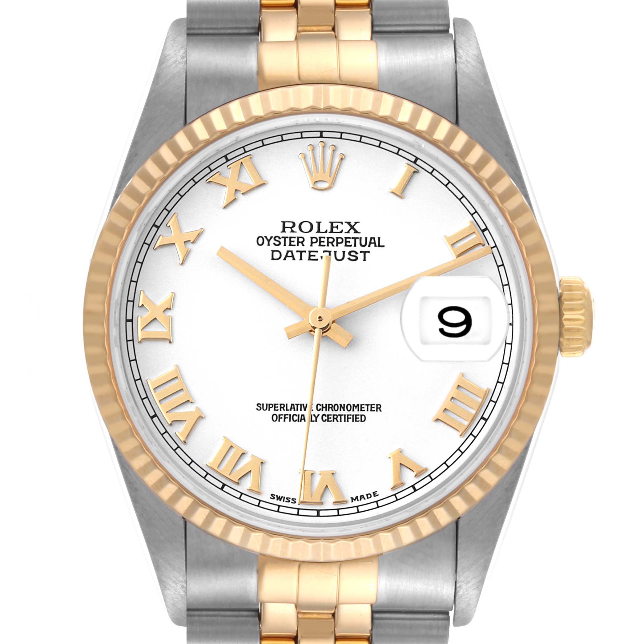 This image shows the face and part of the bracelet of a Rolex Datejust 16233 Men's Steel and Gold (two tone) White Dial 16233 Men's Steel and Gold (two tone) White Dial watch, highlighting its Roman numeral markers and date display.