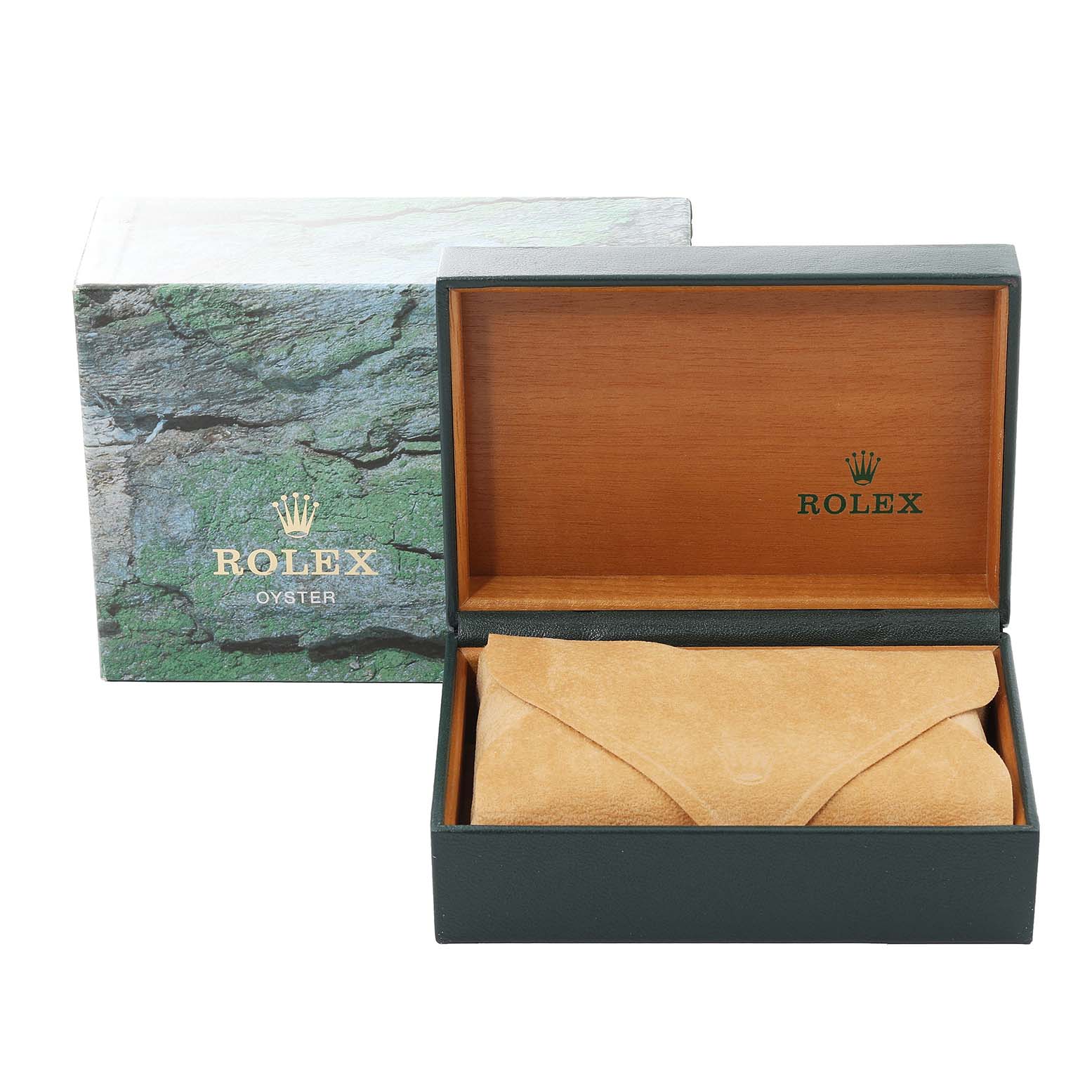 The image shows the box and packaging for a Rolex Datejust 16233 Men's Steel and Gold (two tone) White Dial 16233 Men's Steel and Gold (two tone) White Dial watch, with the box open to reveal a beige leather pouch.