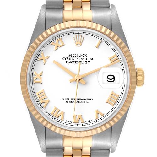 Photo of Rolex Datejust Steel Yellow Gold White Roman Dial Mens Watch 16233