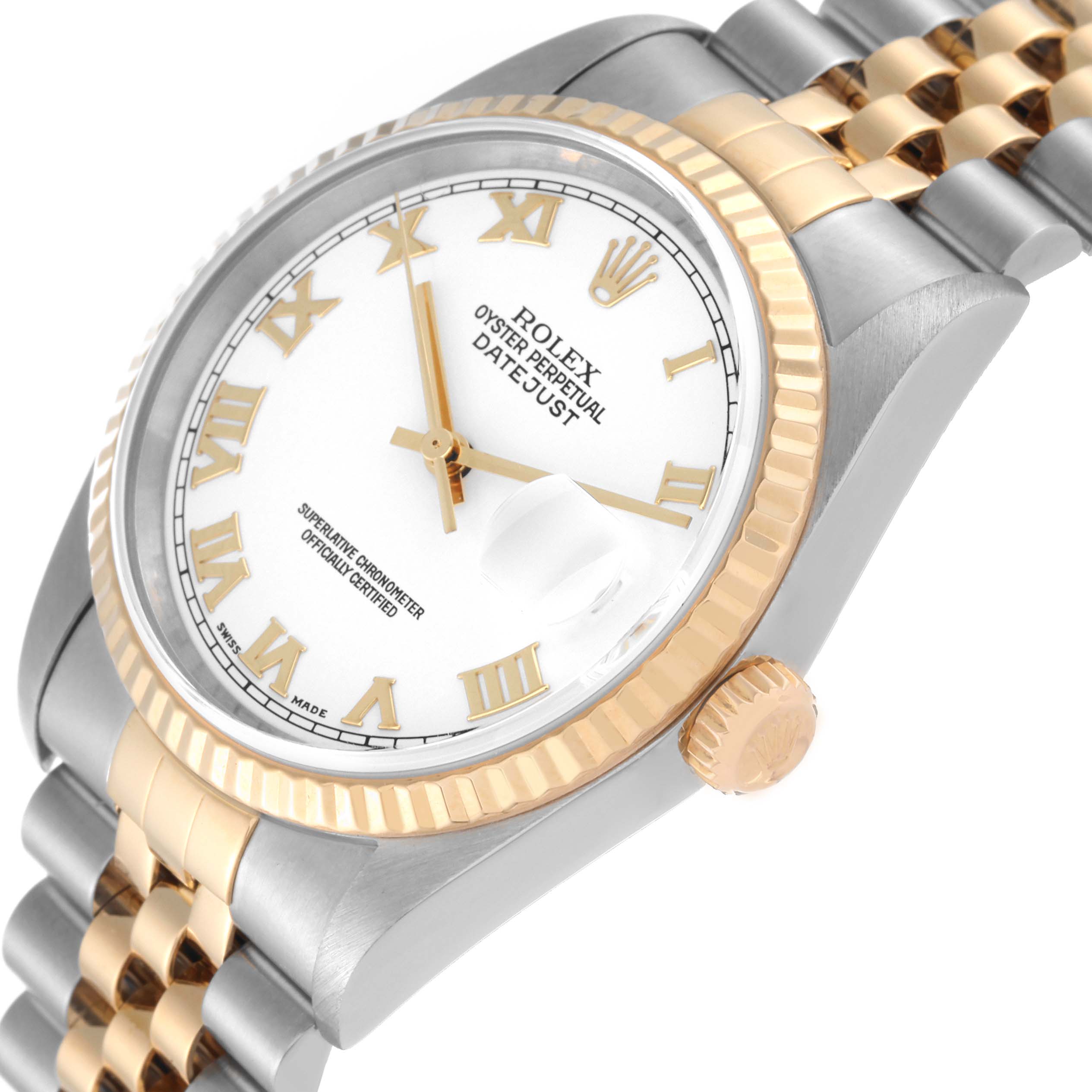 This image shows a Rolex Datejust 16233 Men's Steel and Gold (two tone) White Dial 16233 Men's Steel and Gold (two tone) White Dial watch angled to display its dial, bezel, crown, and part of its bracelet.