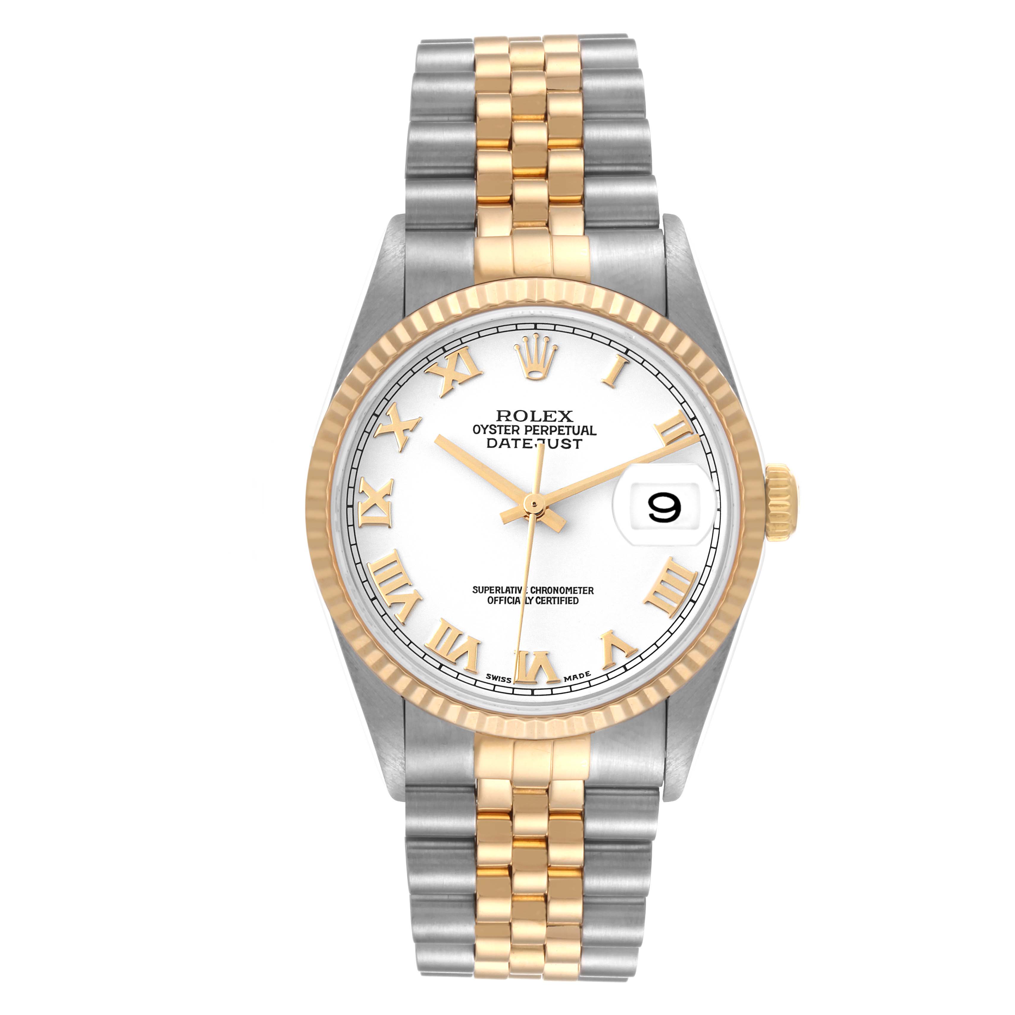 The image displays the front view of a Rolex Datejust 16233 Men's Steel and Gold (two tone) White Dial 16233 Men's Steel and Gold (two tone) White Dial watch, featuring its face, fluted bezel, and Jubilee bracelet.