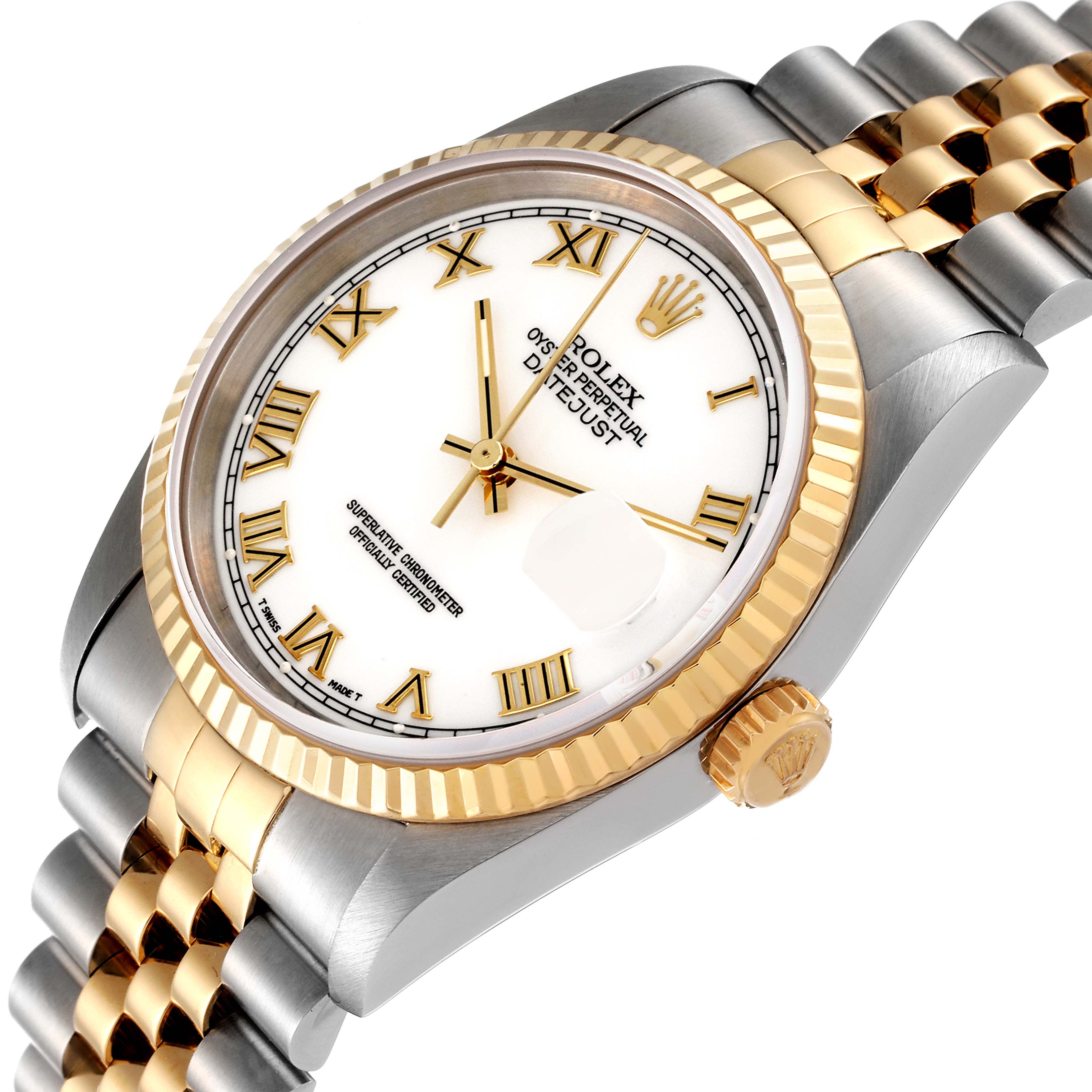 This image shows a Rolex Datejust 16233 Men's Steel and Gold (two tone) White Dial 16233 Men's Steel and Gold (two tone) White Dial watch from an angled side view, highlighting the dial, bezel, crown, and part of the bracelet.