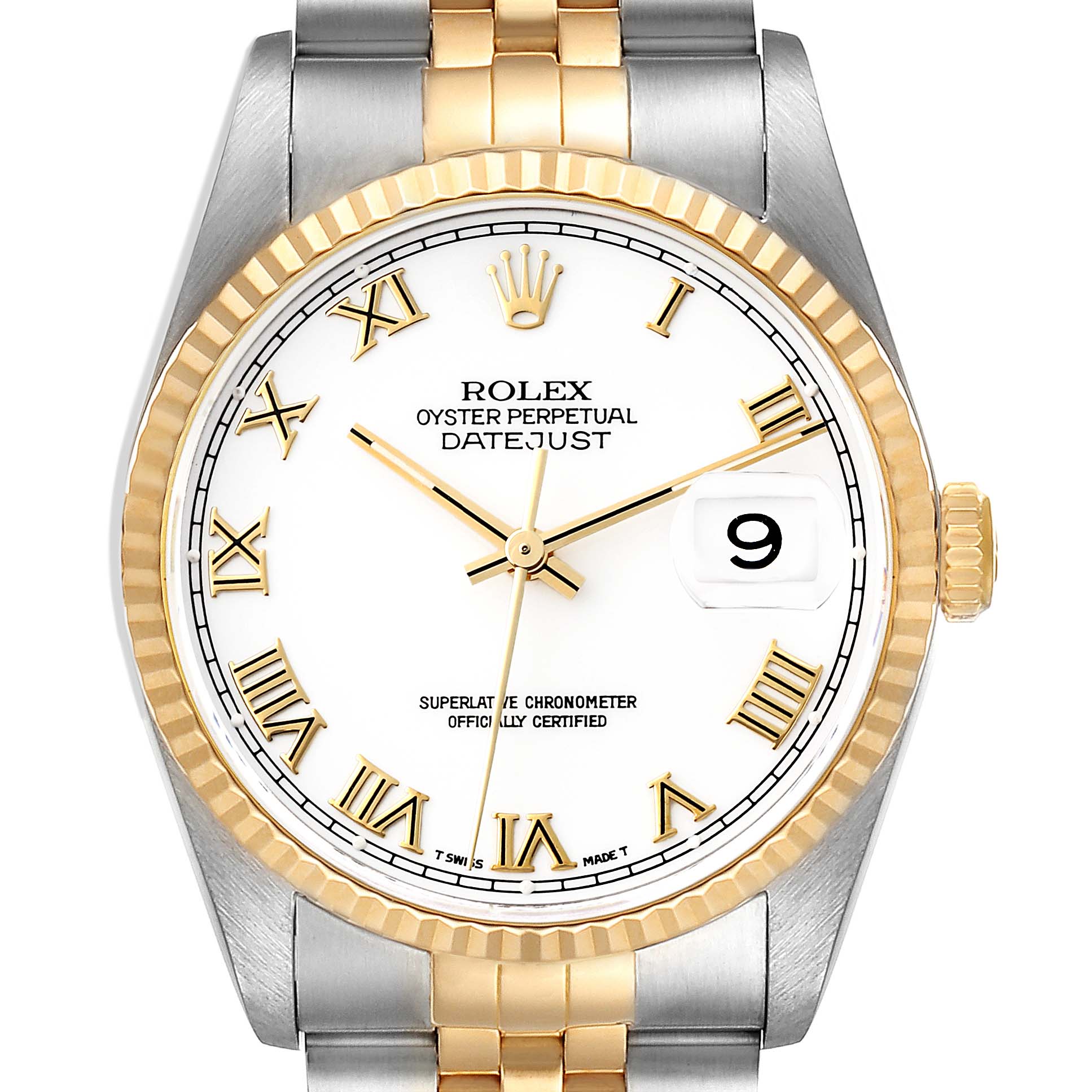 This image shows a Rolex Datejust 16233 Men's Steel and Gold (two tone) White Dial 16233 Men's Steel and Gold (two tone) White Dial watch from a front angle, displaying the dial, bezel, crown, and part of the bracelet.