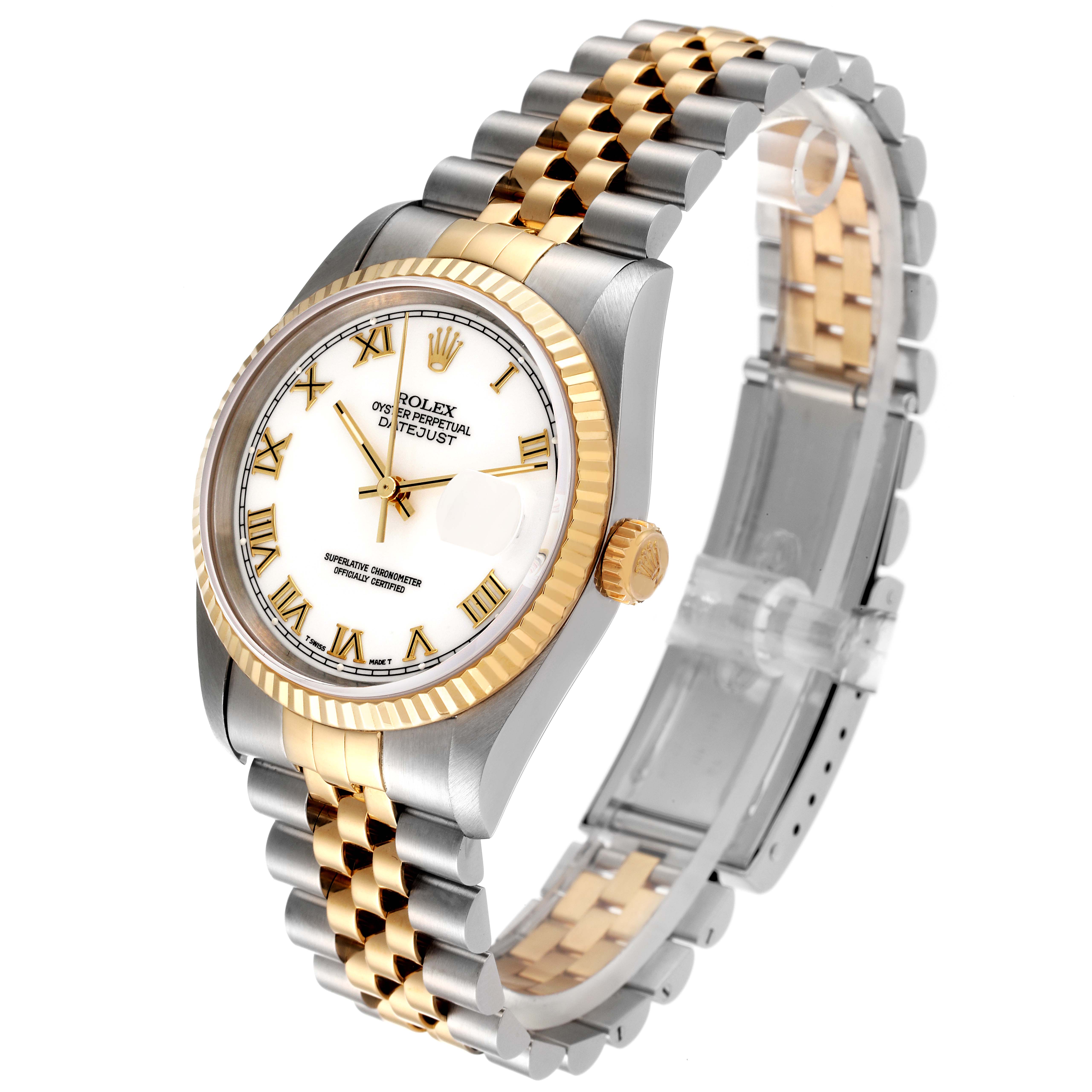 This image shows a Rolex Datejust 16233 Men's Steel and Gold (two tone) White Dial 16233 Men's Steel and Gold (two tone) White Dial watch at a three-quarter angle, highlighting the dial, fluted bezel, crown, and Jubilee bracelet.