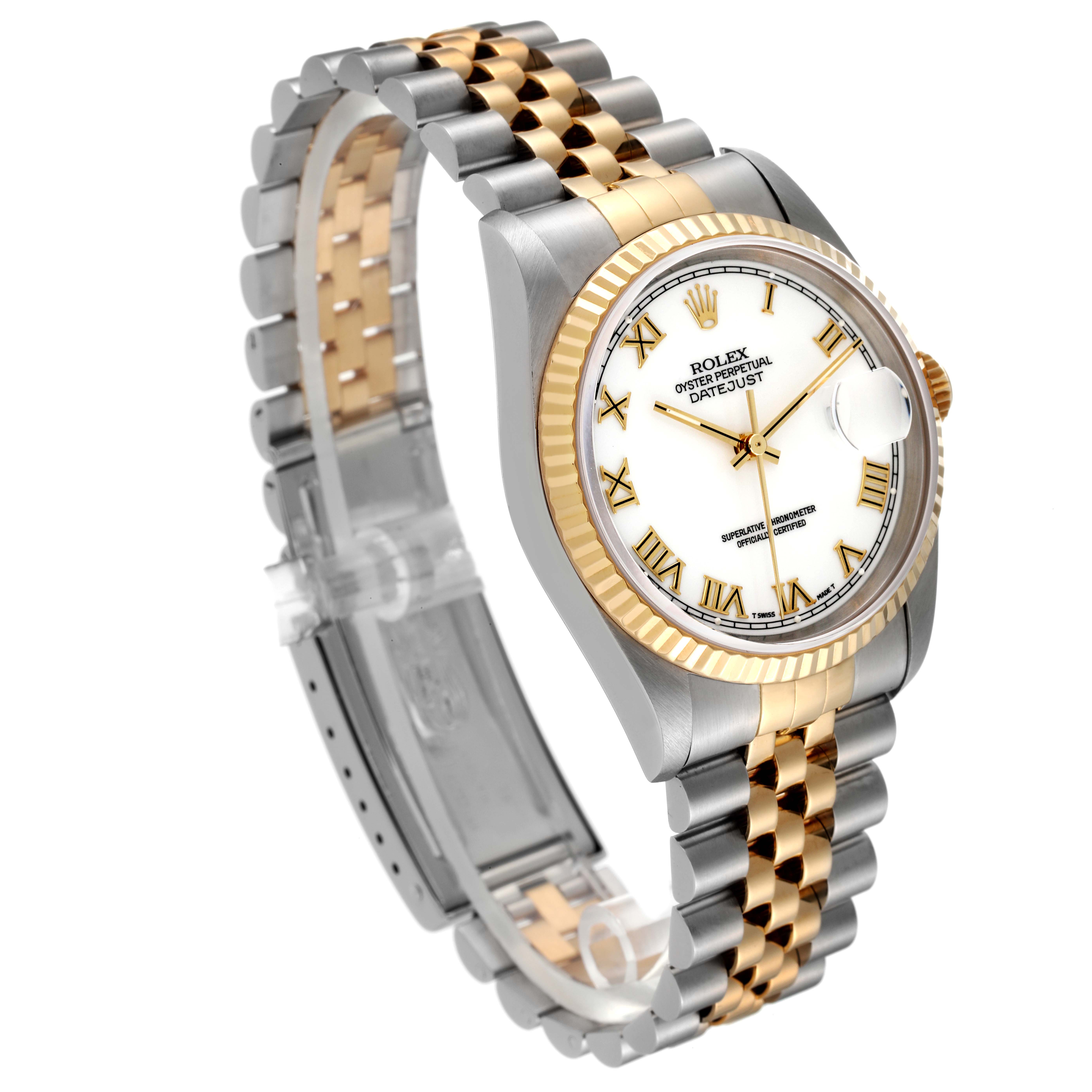 The Rolex Datejust 16233 Men's Steel and Gold (two tone) White Dial 16233 Men's Steel and Gold (two tone) White Dial watch is shown at an angled view, displaying its two-tone bracelet, white dial, and fluted bezel.