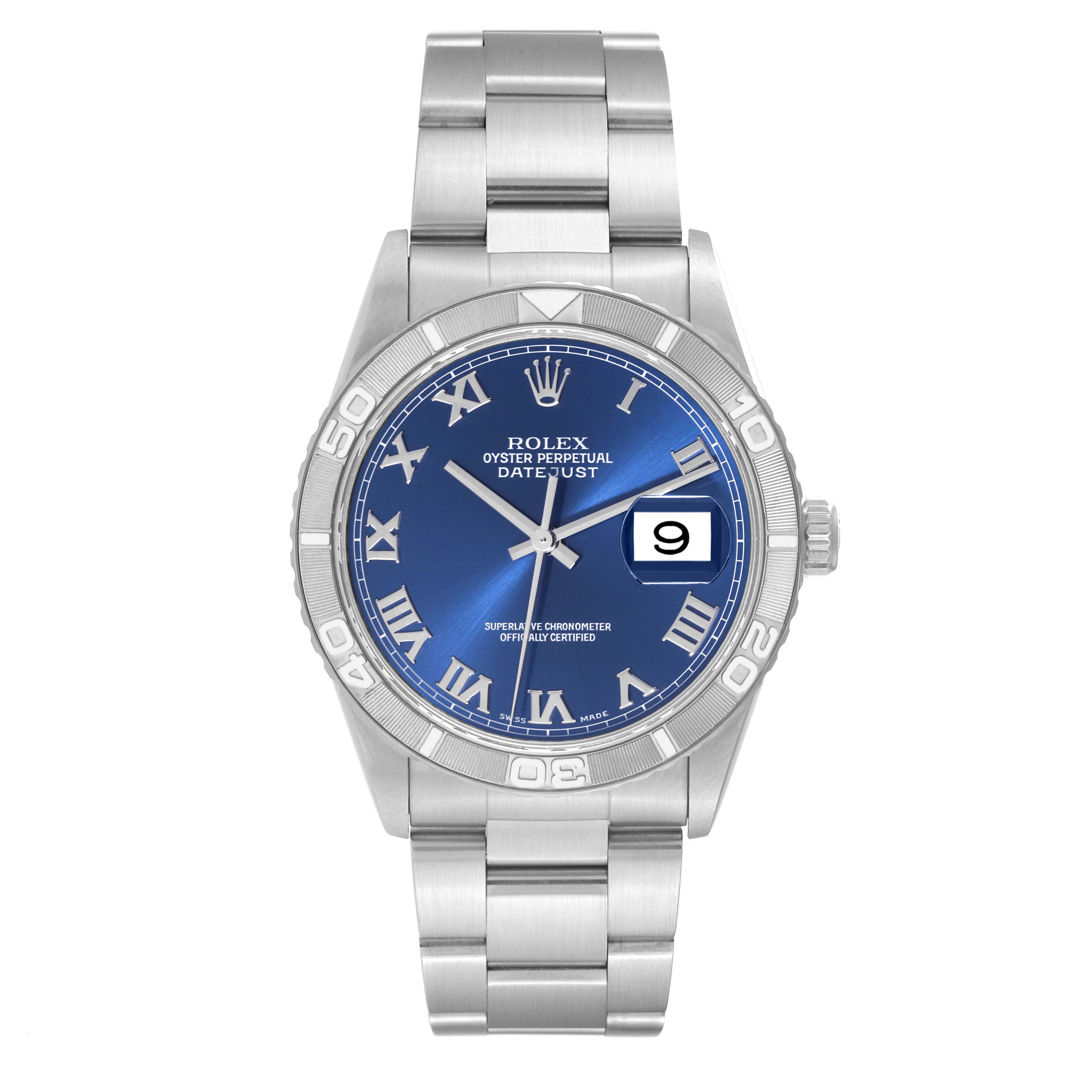 The Rolex Turn-o-Graph 16264 Men
s Stainless Steel Blue Dial 16264 Men
s Stainless Steel Blue Dial model watch is shown in a front view, displaying its blue dial, date window, bezel, and bracelet.
