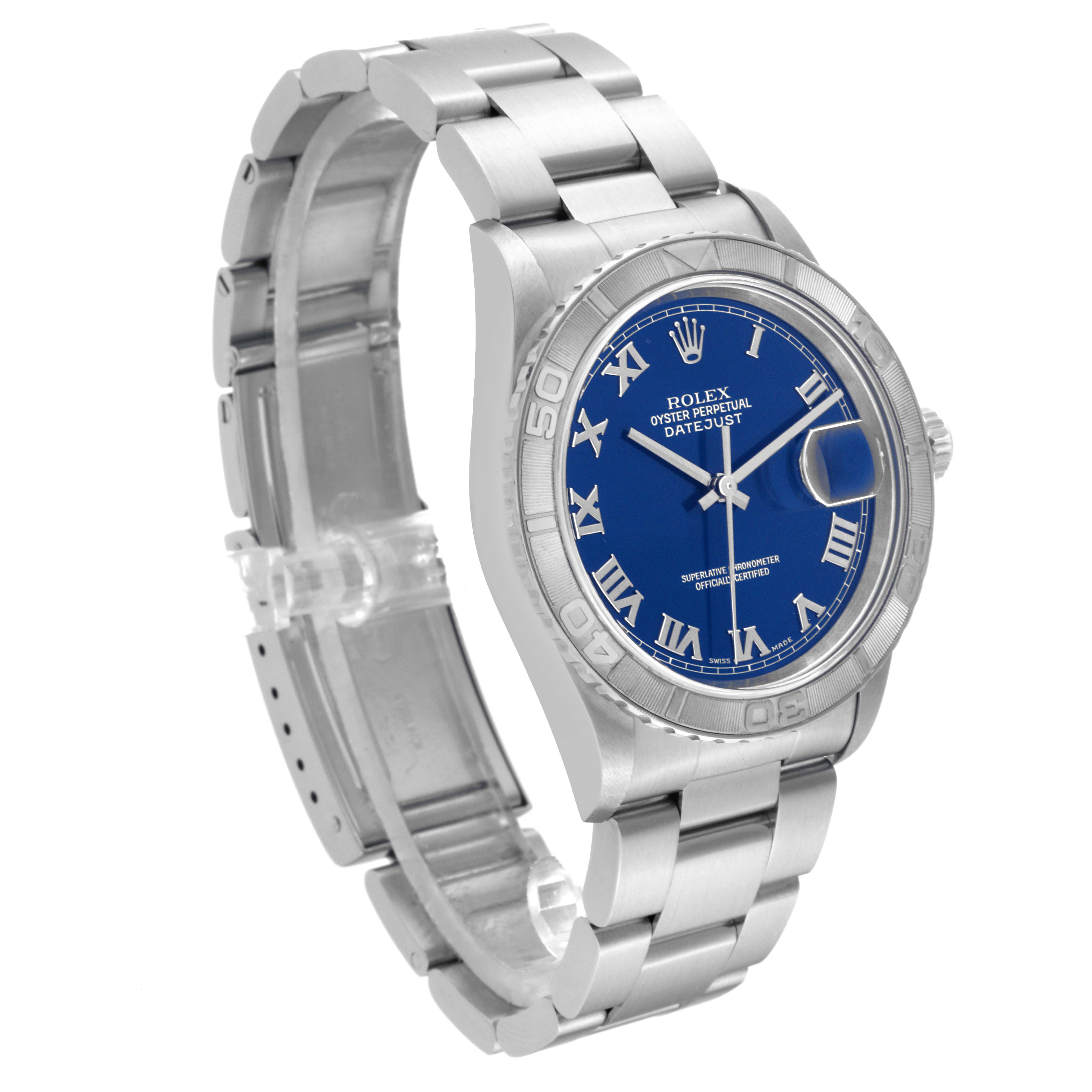 The image shows a side angle of the Rolex Turn-o-Graph 16264 Men
s Stainless Steel Blue Dial 16264 Men
s Stainless Steel Blue Dial, highlighting its bracelet, bezel, and blue dial.