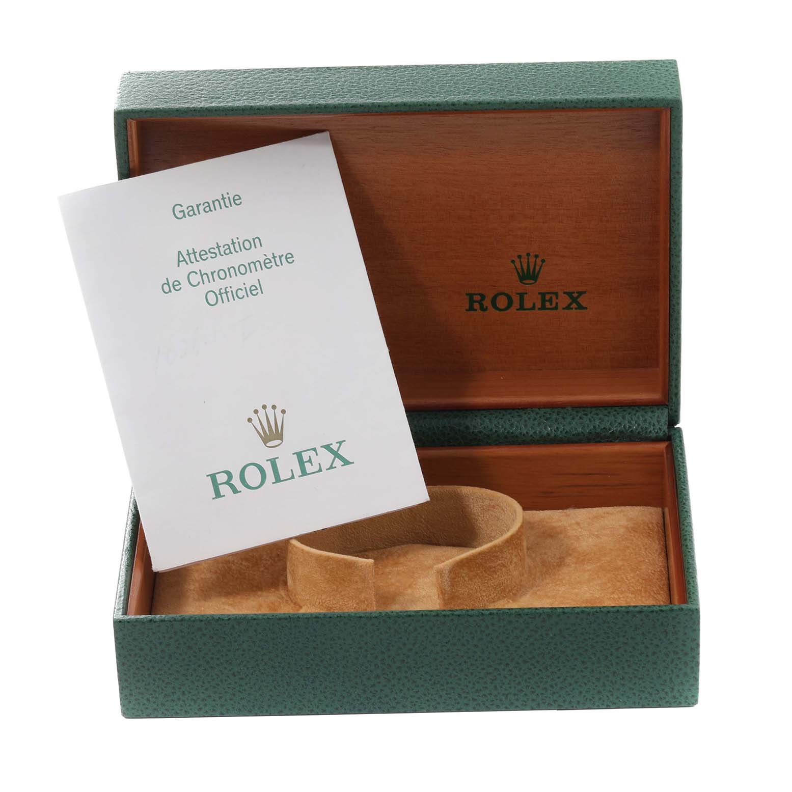 The image shows an open Rolex Turn-o-Graph 16264 Men
s Stainless Steel Blue Dial 16264 Men
s Stainless Steel Blue Dial box with a warranty booklet and an empty watch holder inside.