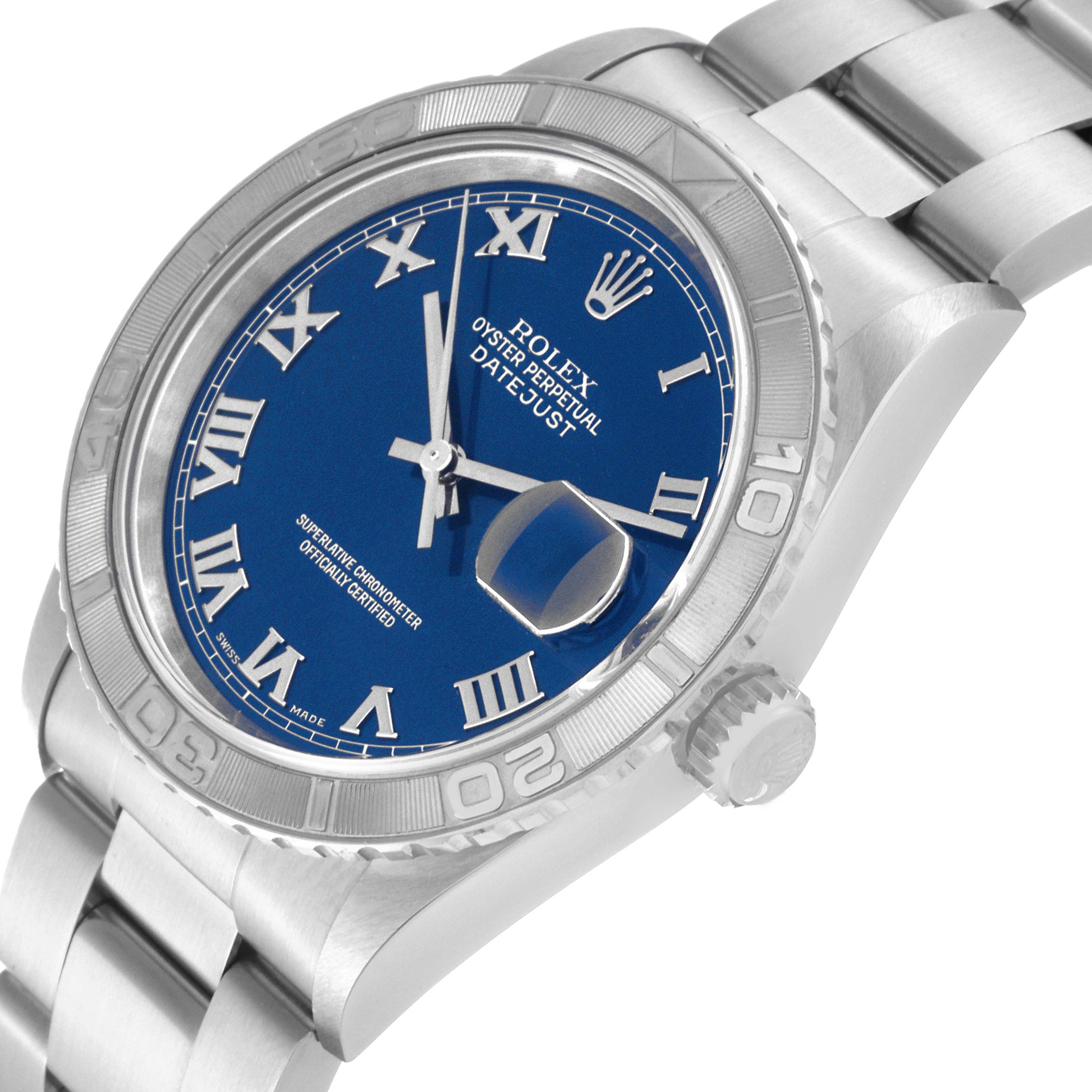 This image shows a Rolex Turn-o-Graph 16264 Men
s Stainless Steel Blue Dial 16264 Men
s Stainless Steel Blue Dial watch from an angled view, highlighting its blue dial, bezel, Roman numerals, and metal bracelet.