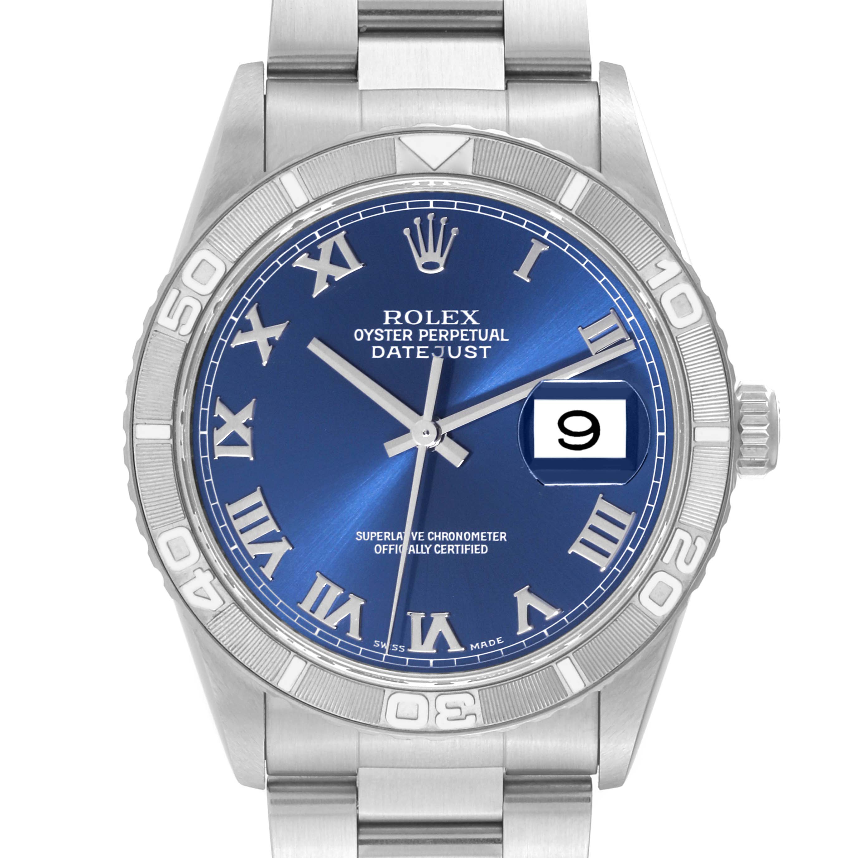The image shows a frontal view of the Rolex Turn-o-Graph 16264 Men
s Stainless Steel Blue Dial 16264 Men
s Stainless Steel Blue Dial watch, highlighting its blue dial, Roman numerals, and date feature.