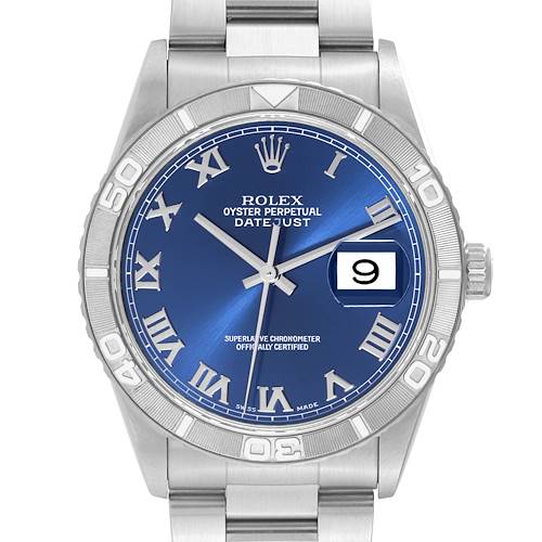 Photo of Rolex Datejust Turnograph Blue Dial Steel White Gold Mens Watch 16264 Box Papers