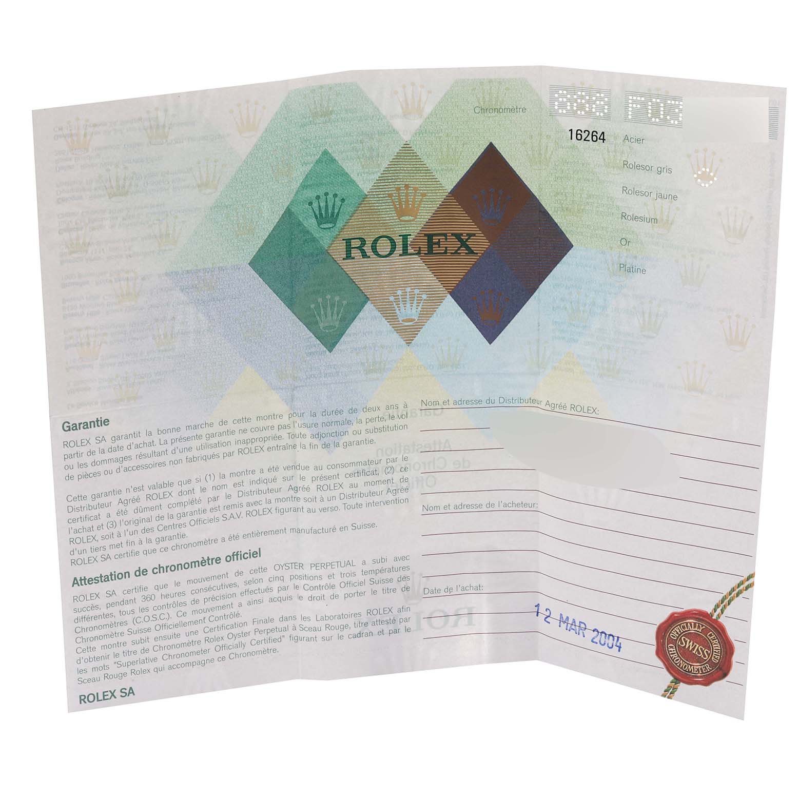 The image shows a guarantee and certification card for the Rolex Turn-o-Graph 16264 Men
s Stainless Steel Blue Dial 16264 Men
s Stainless Steel Blue Dial model.