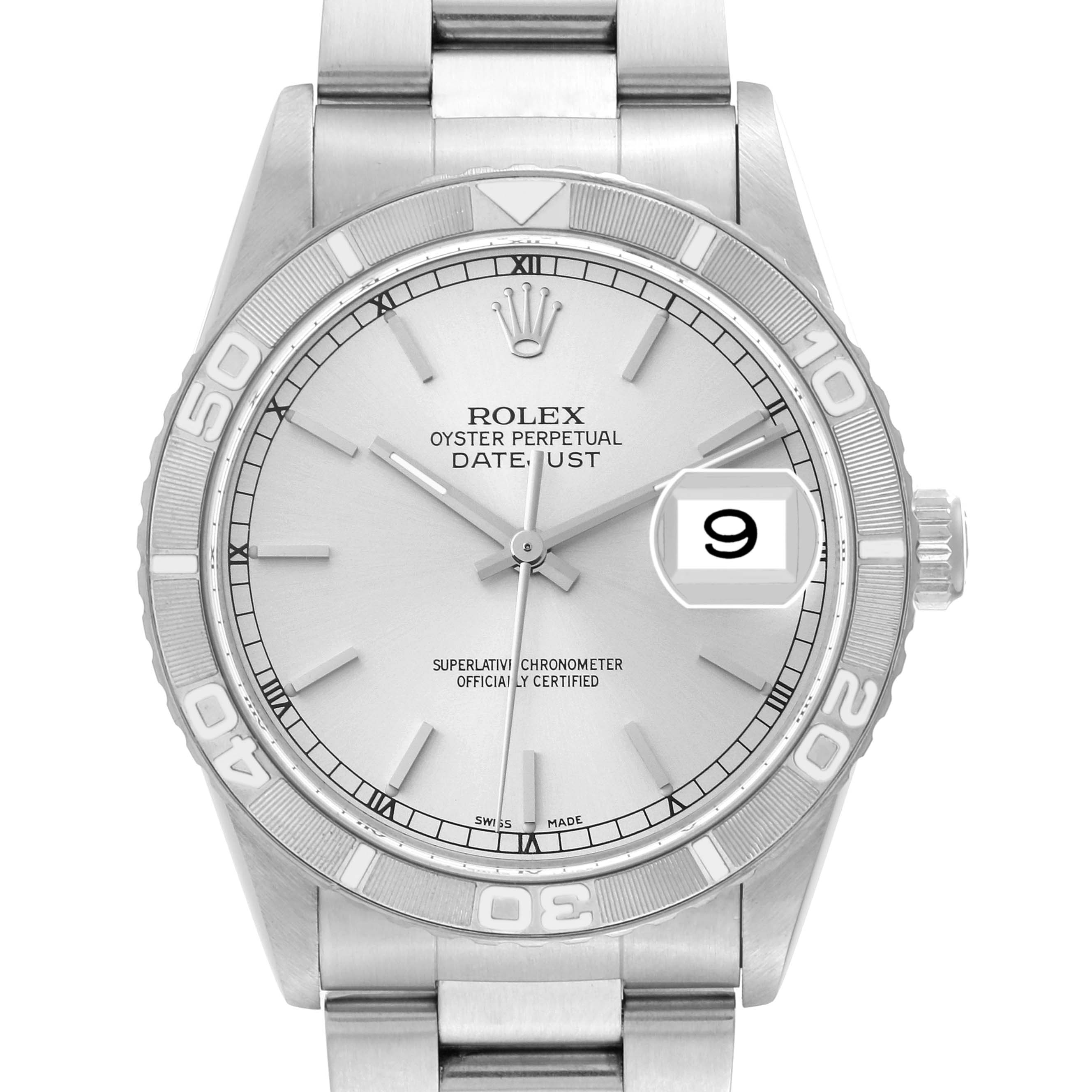 The image shows a front view of the Rolex Turn-o-Graph 16264 Men
s Stainless Steel Silver Dial 16264 Men
s Stainless Steel Silver Dial watch, highlighting its face, bezel, and bracelet.