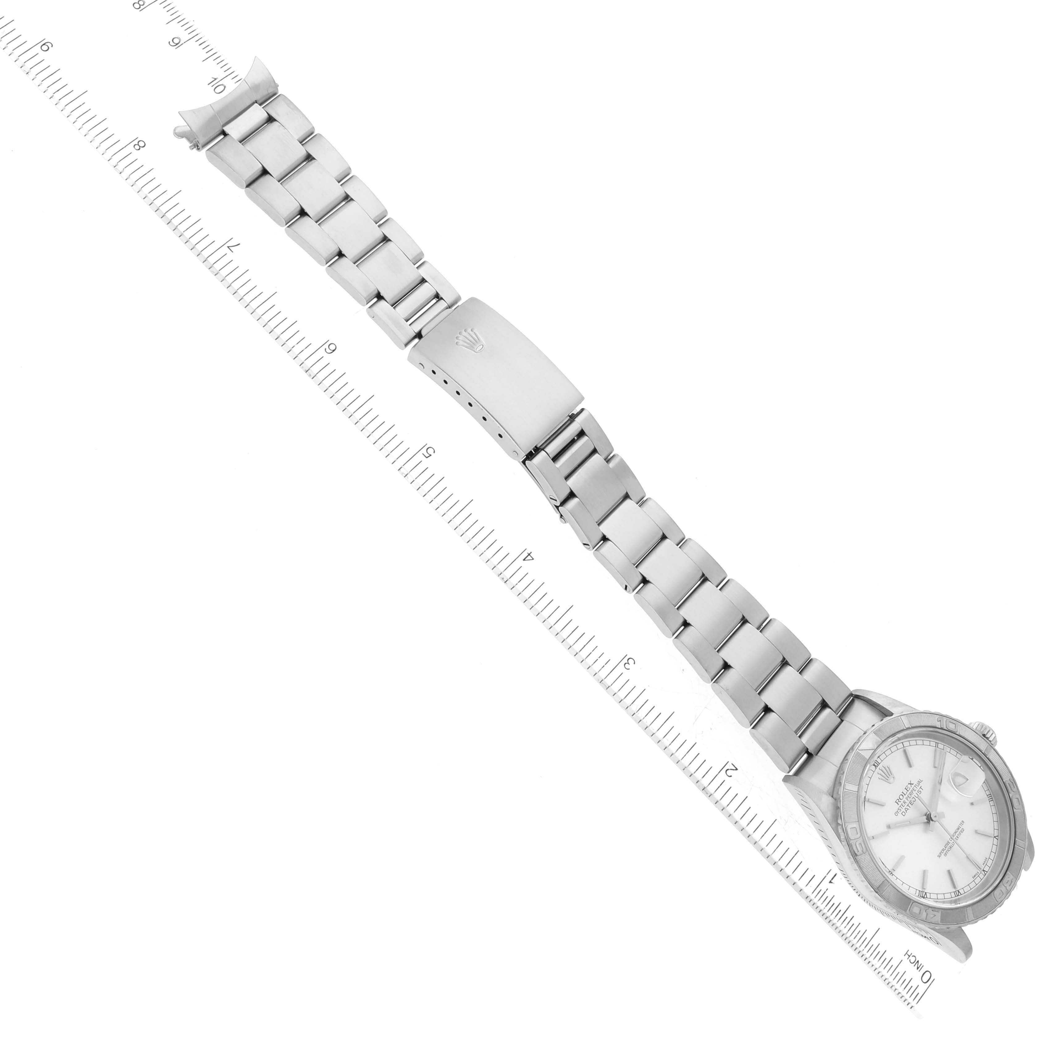 The image shows the top-down view of a Rolex Turn-o-Graph 16264 Men
s Stainless Steel Silver Dial 16264 Men
s Stainless Steel Silver Dial watch with the face, bracelet, and clasp visible.