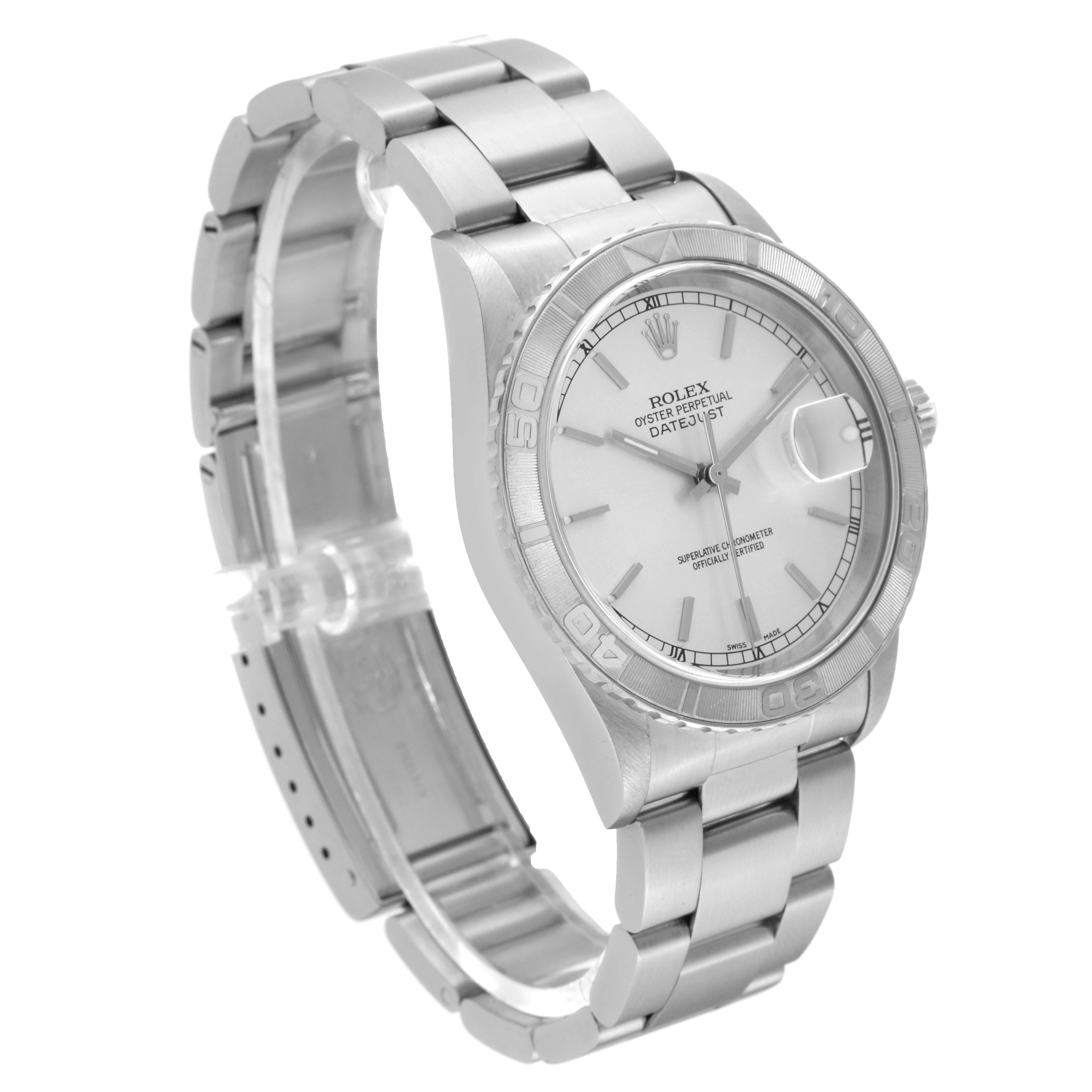 The image shows a Rolex Turn-o-Graph 16264 Men
s Stainless Steel Silver Dial 16264 Men
s Stainless Steel Silver Dial model watch at a three-quarter angle, displaying the face, band, and part of the clasp.