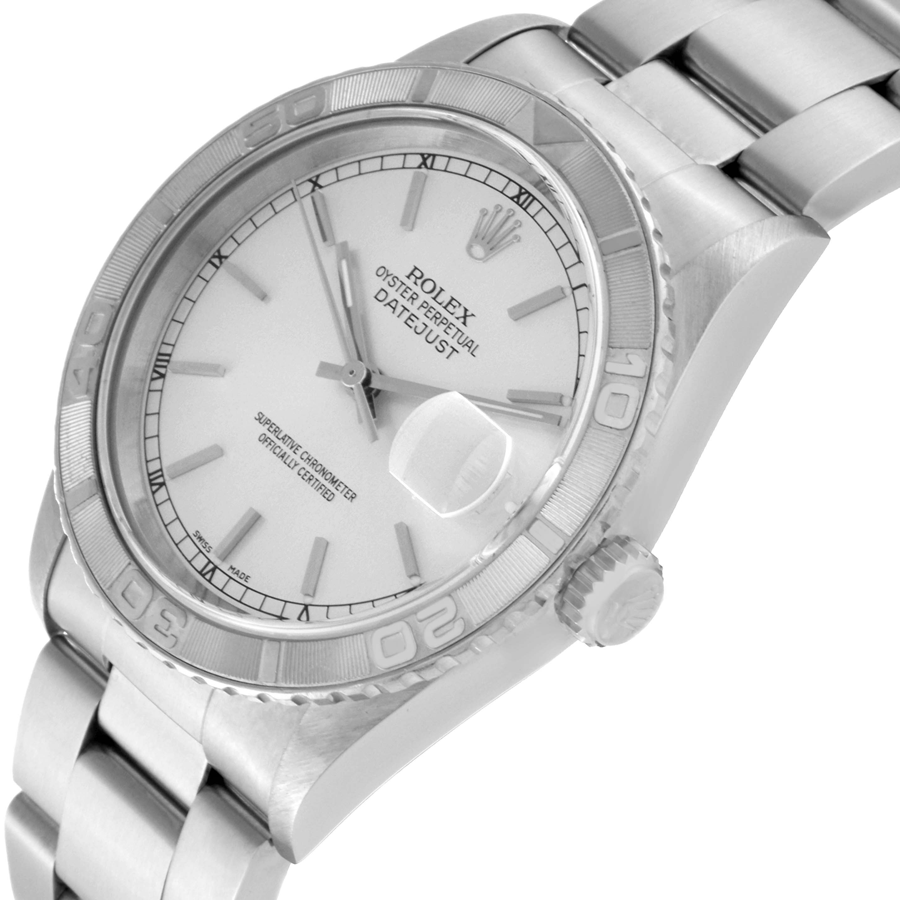 The image shows a close-up angled view of the Rolex Turn-o-Graph 16264 Men
s Stainless Steel Silver Dial 16264 Men
s Stainless Steel Silver Dial watch, highlighting the face, bezel, and part of the bracelet.