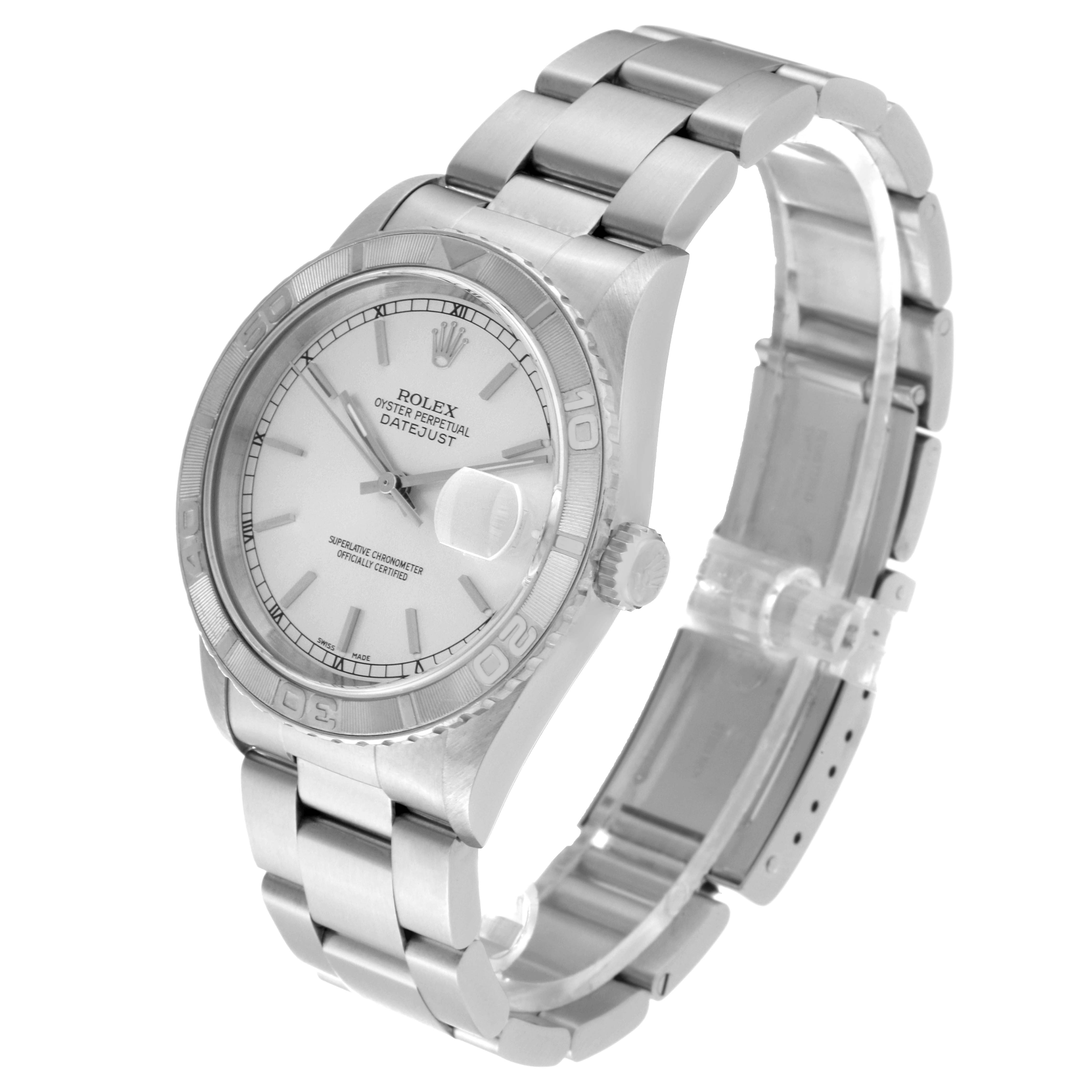 The image shows a Rolex Turn-o-Graph 16264 Men
s Stainless Steel Silver Dial 16264 Men
s Stainless Steel Silver Dial model watch from a three-quarter angle, highlighting the face and stainless steel band.