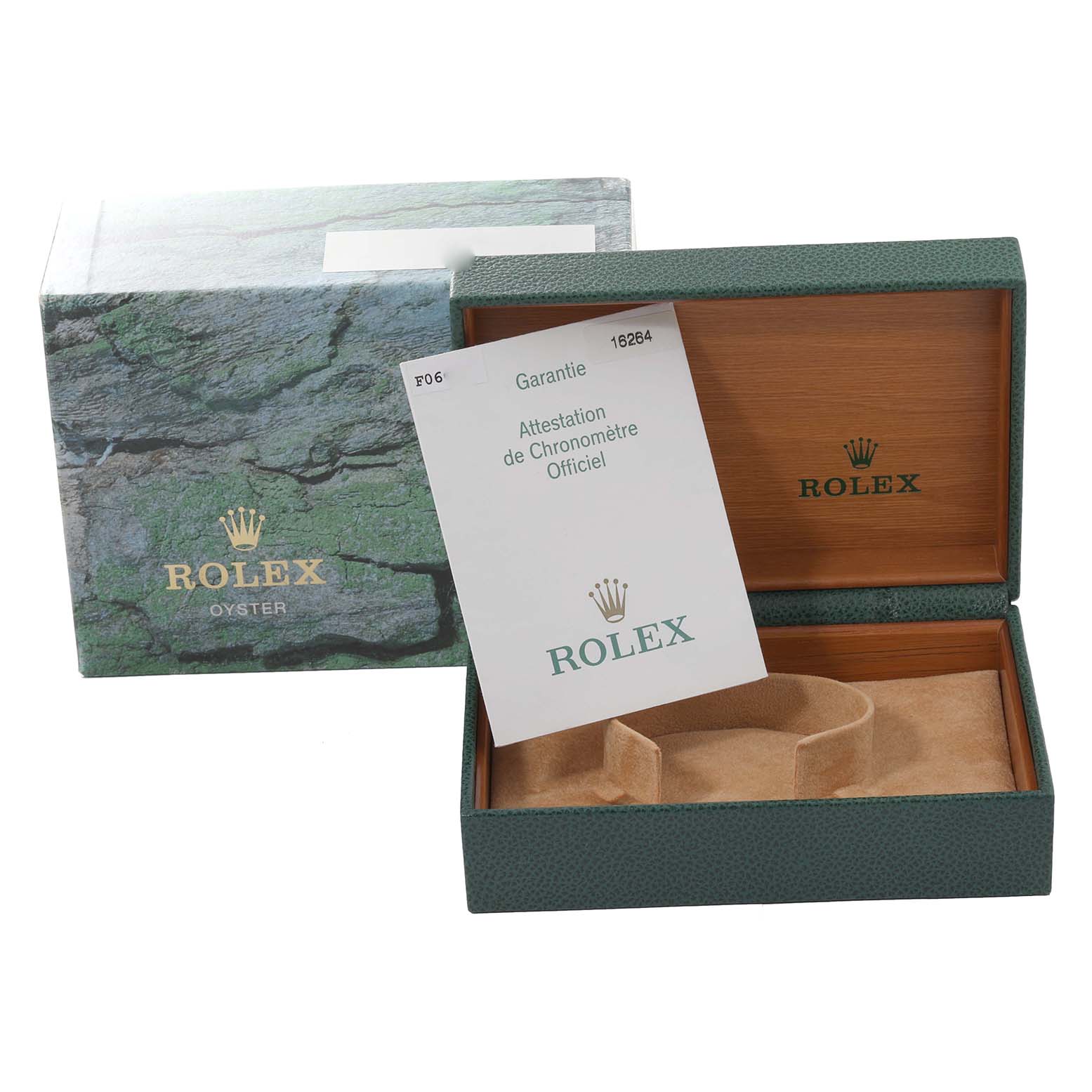 The image shows the packaging box and warranty card for the Rolex Turn-o-Graph 16264 Men
s Stainless Steel Silver Dial 16264 Men
s Stainless Steel Silver Dial model.