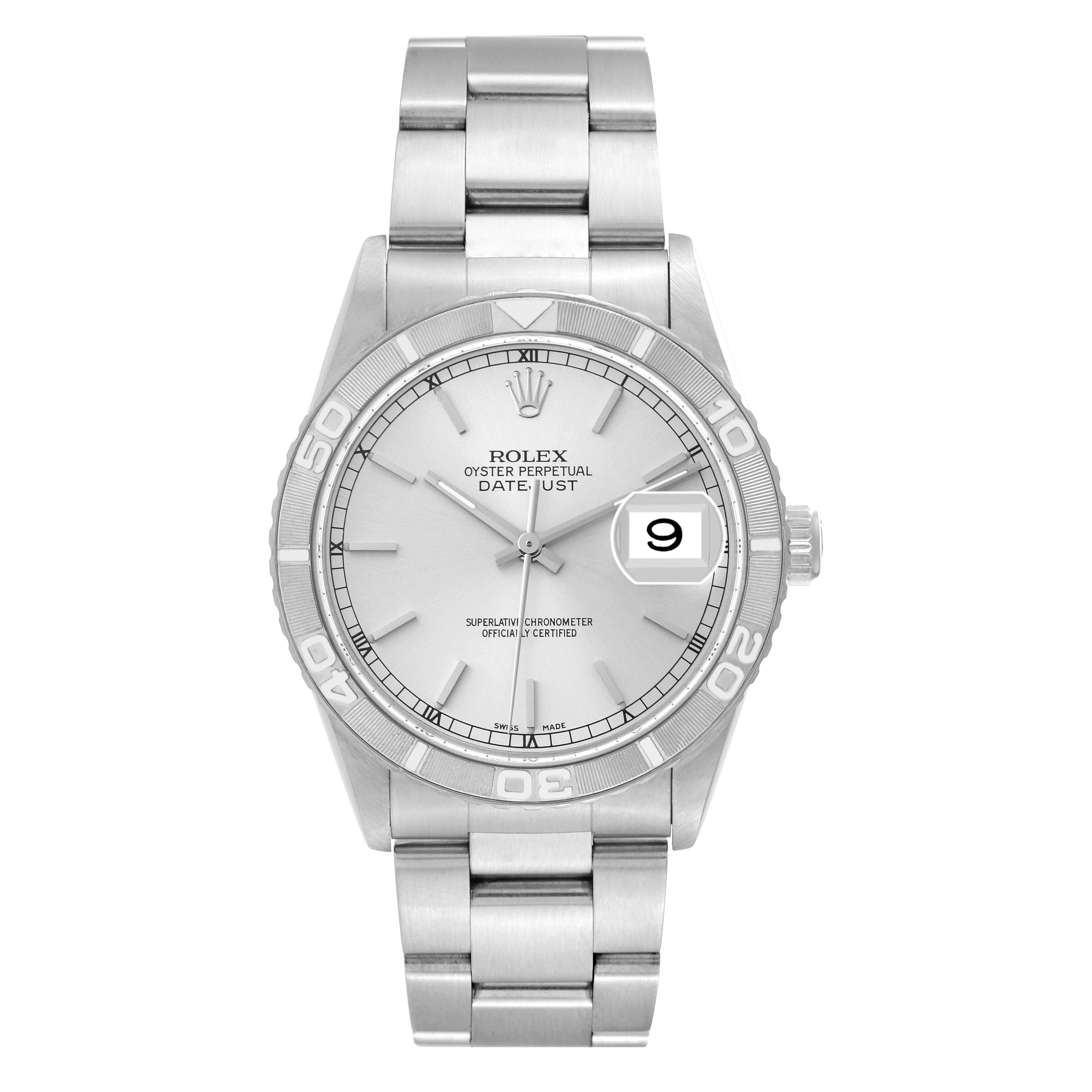 This image shows a front view of a Rolex Turn-o-Graph 16264 Men
s Stainless Steel Silver Dial 16264 Men
s Stainless Steel Silver Dial watch, displaying its face, bezel, and bracelet.
