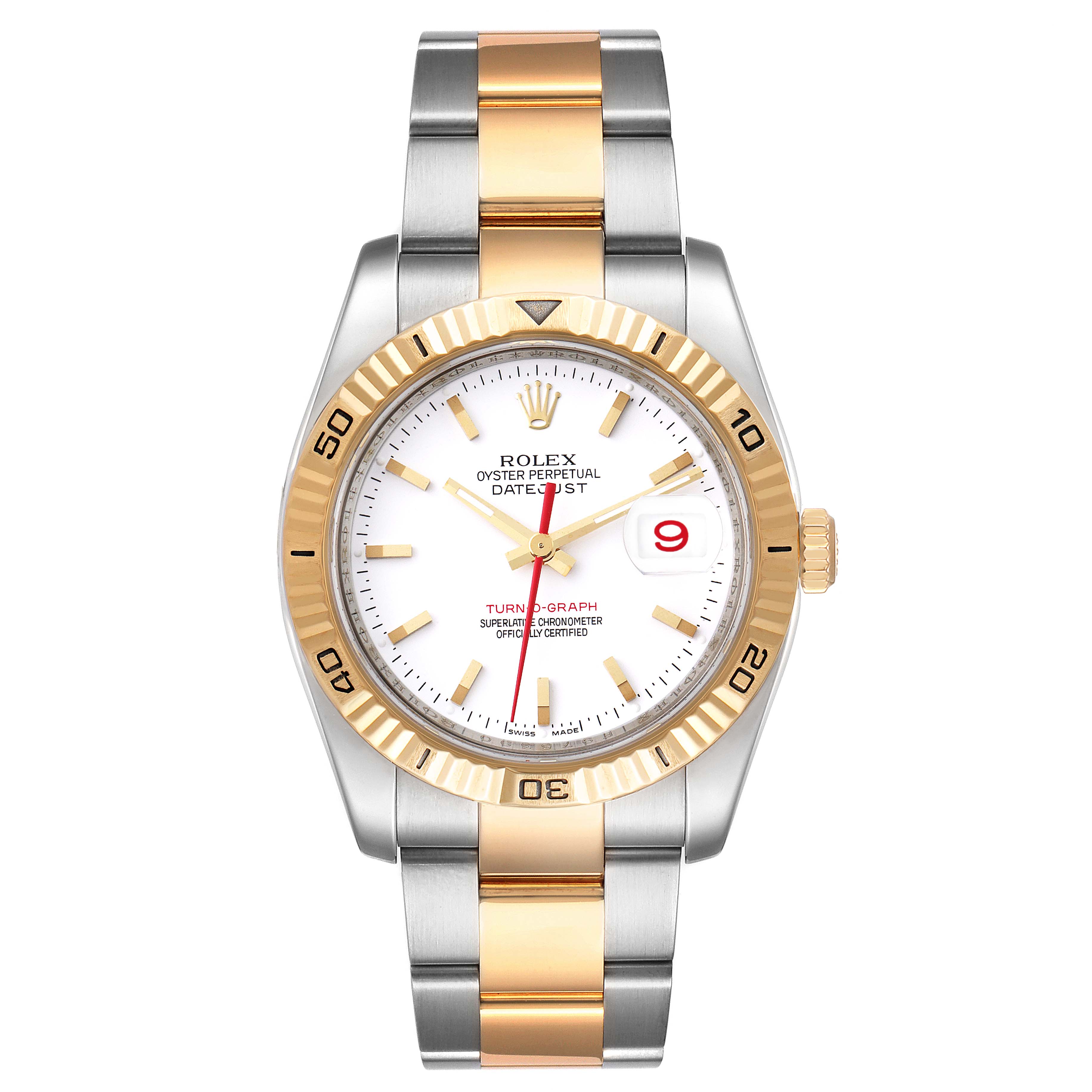 The image shows a front view of the Rolex Turn-o-Graph 116263 Men
s Steel and Gold (two tone) White Dial 116263 Men
s Steel and Gold (two tone) White Dial model, displaying the dial, bezel, and part of the bracelet.