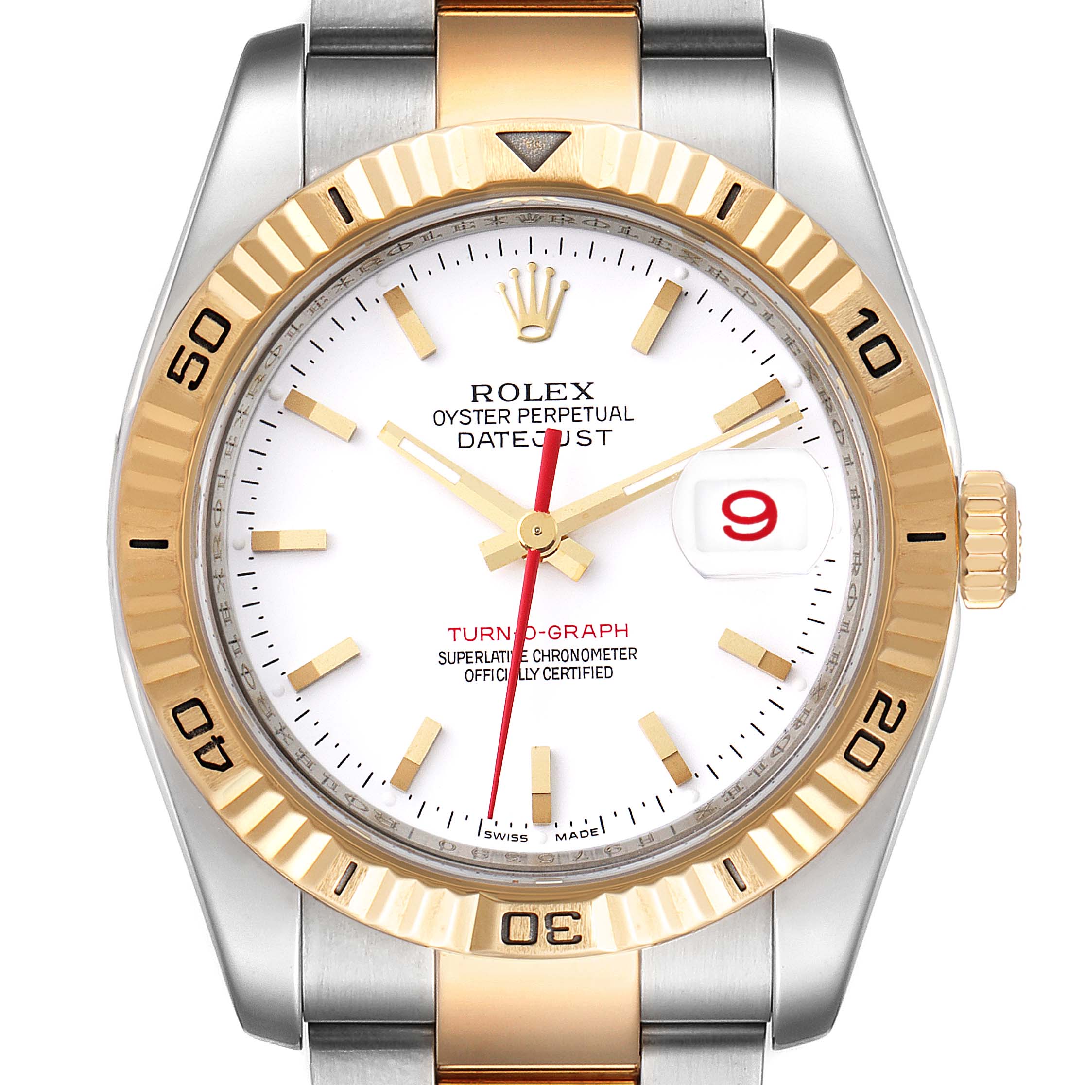 The image shows the face of a Rolex Turn-o-Graph 116263 Men
s Steel and Gold (two tone) White Dial 116263 Men
s Steel and Gold (two tone) White Dial watch from a straight-on angle, highlighting the bezel and dial details.