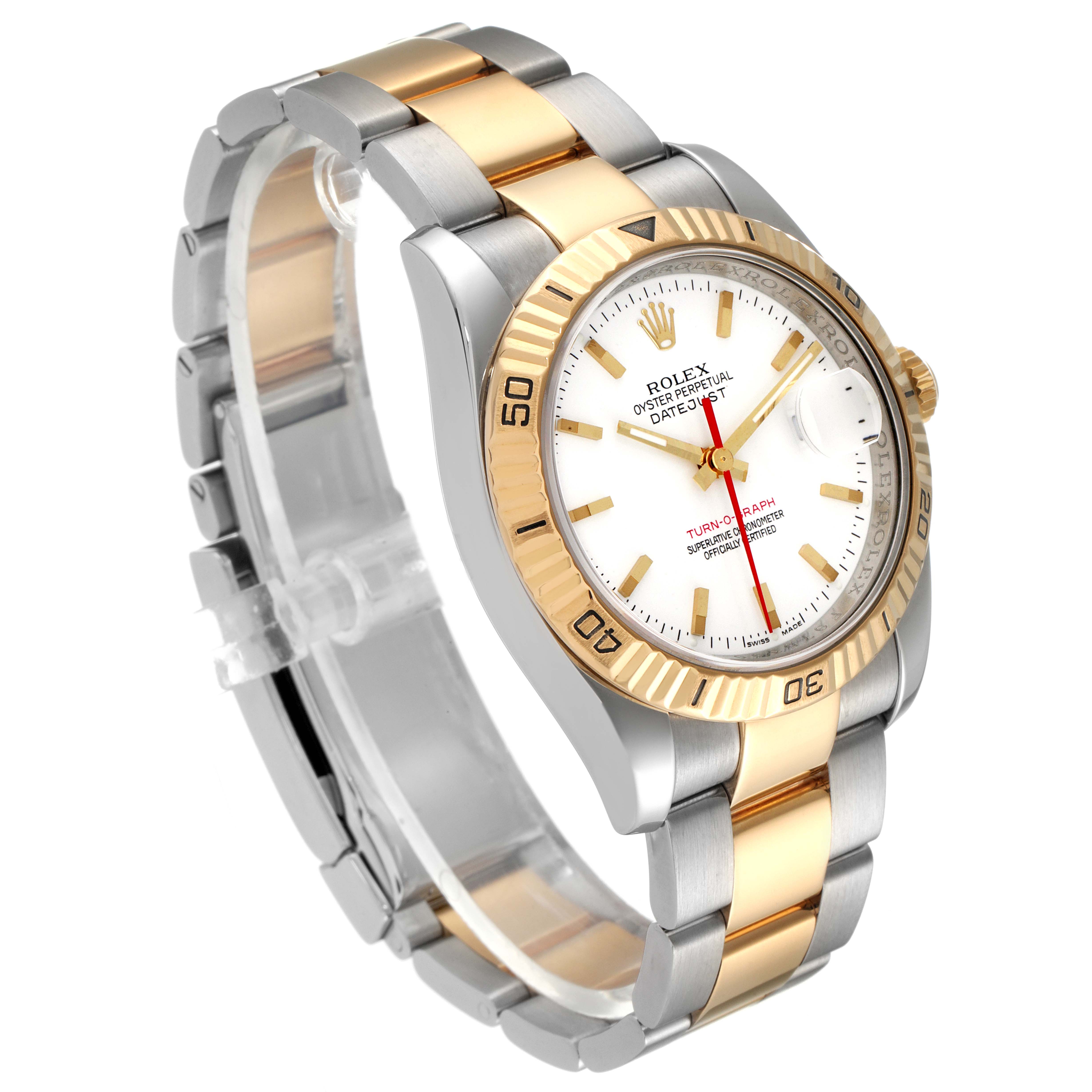 The Rolex Turn-o-Graph 116263 Men
s Steel and Gold (two tone) White Dial 116263 Men
s Steel and Gold (two tone) White Dial watch is shown at a slightly tilted angle, displaying its face, bezel, and bracelet.