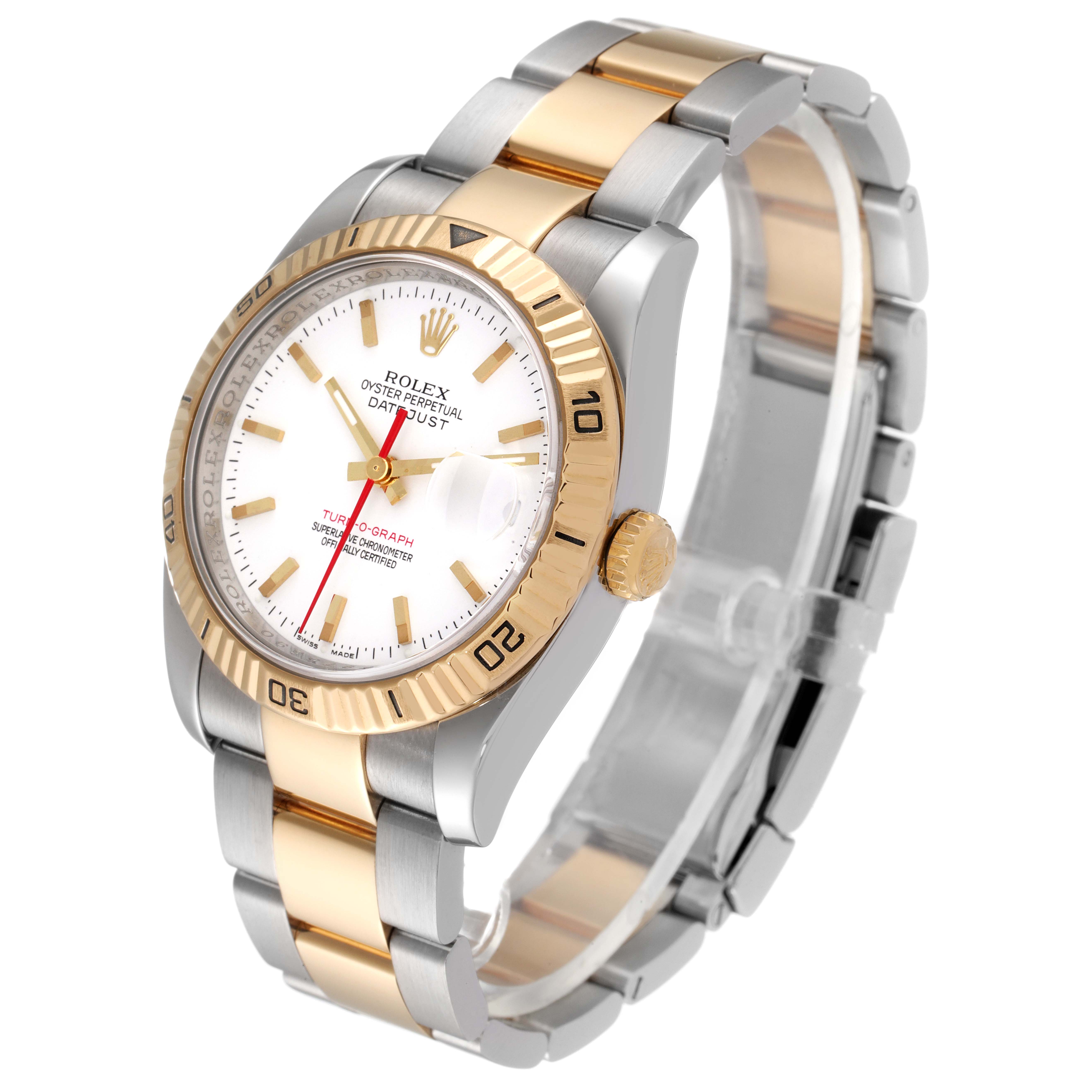 The image shows a Rolex Turn-o-Graph 116263 Men
s Steel and Gold (two tone) White Dial 116263 Men
s Steel and Gold (two tone) White Dial watch at an angle highlighting its face, bezel, crown, and two-tone bracelet.