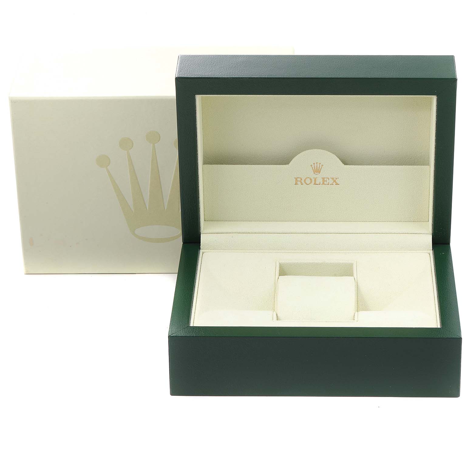 The image shows an open box for the Turn-o-Graph model by Rolex, with a cushion for the watch and the brand logo inside the lid.