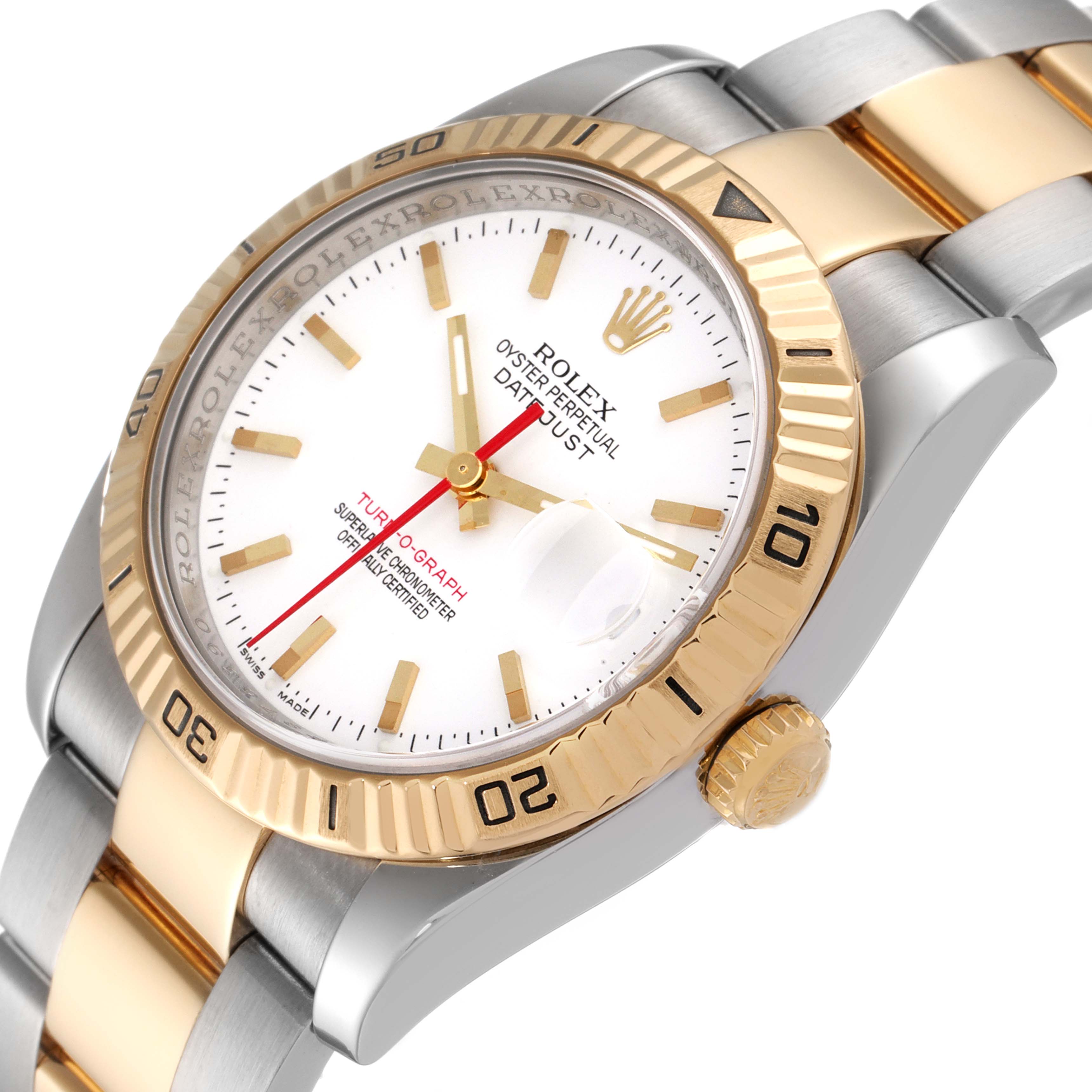 The image shows a close-up side angle of a Rolex Turn-o-Graph 116263 Men
s Steel and Gold (two tone) White Dial 116263 Men
s Steel and Gold (two tone) White Dial, highlighting its gold bezel, crown, and two-tone metal bracelet.