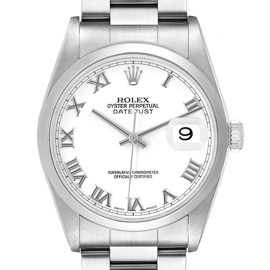 Rolex Datejust White Dial Smooth Bezel Steel Mens Watch 16200 Box Papers SwissWatchExpo