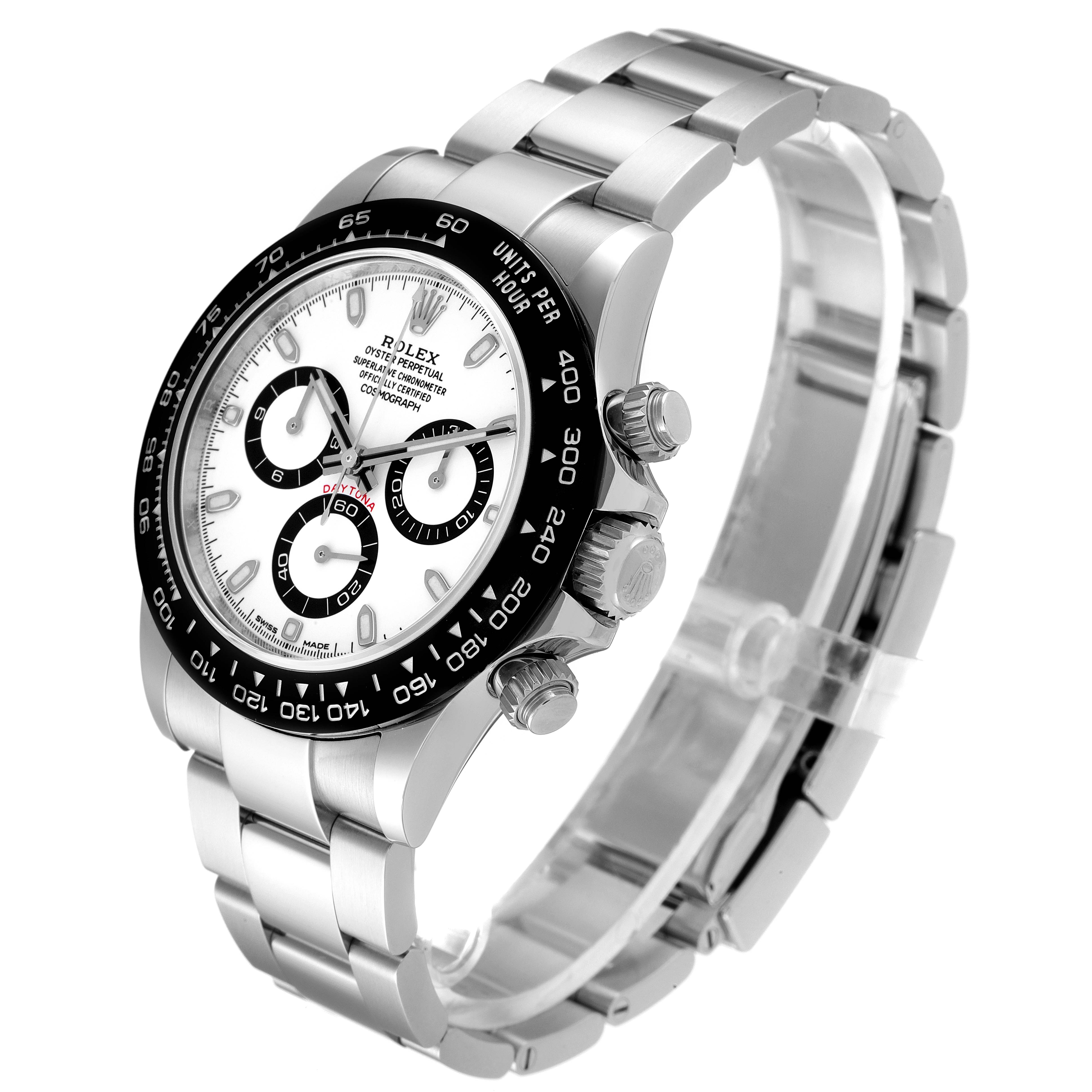 The Rolex Daytona 116500 Men's Stainless Steel White Dial 116500 Men's Stainless Steel White Dial model watch is shown at a three-quarter angle, displaying the face, bezel, crown, and bracelet.