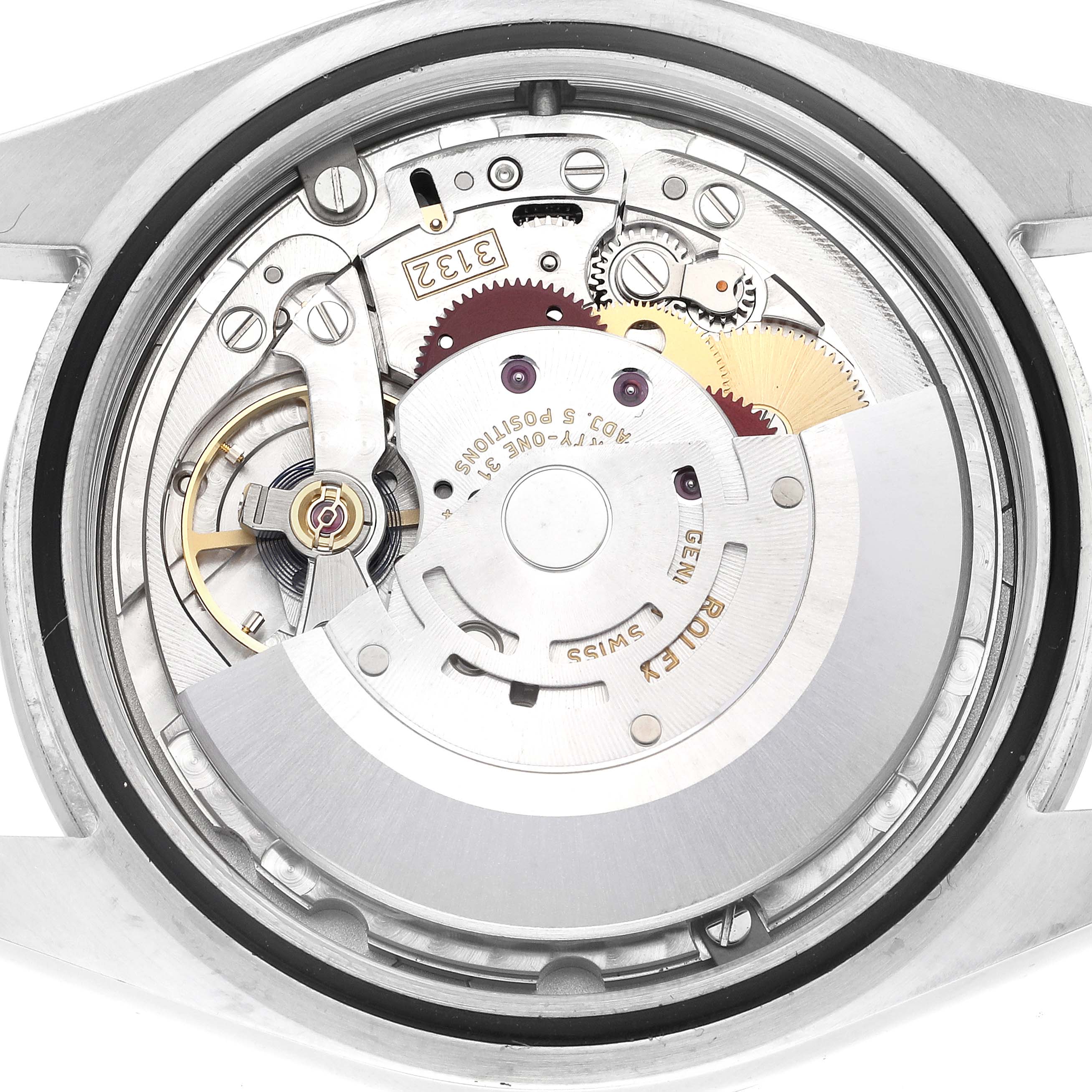 This image shows the internal mechanism of a Rolex Explorer 214270 Men
s Stainless Steel Black Dial 214270 Men
s Stainless Steel Black Dial watch from a close-up, rear angle view, highlighting the gears and components.