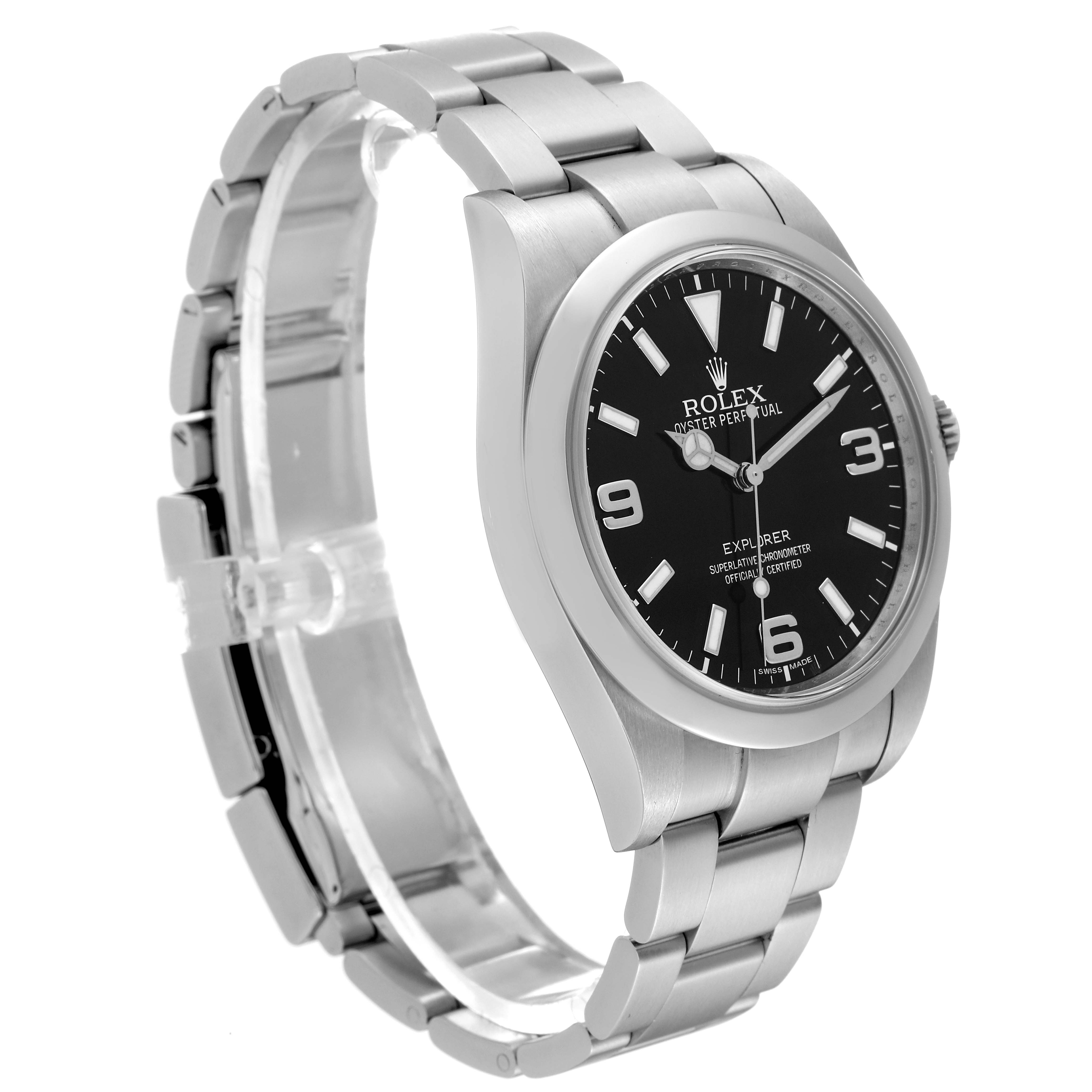 The image shows a side angle of a Rolex Explorer 214270 Men
s Stainless Steel Black Dial 214270 Men
s Stainless Steel Black Dial watch, highlighting its stainless steel bracelet and black dial.