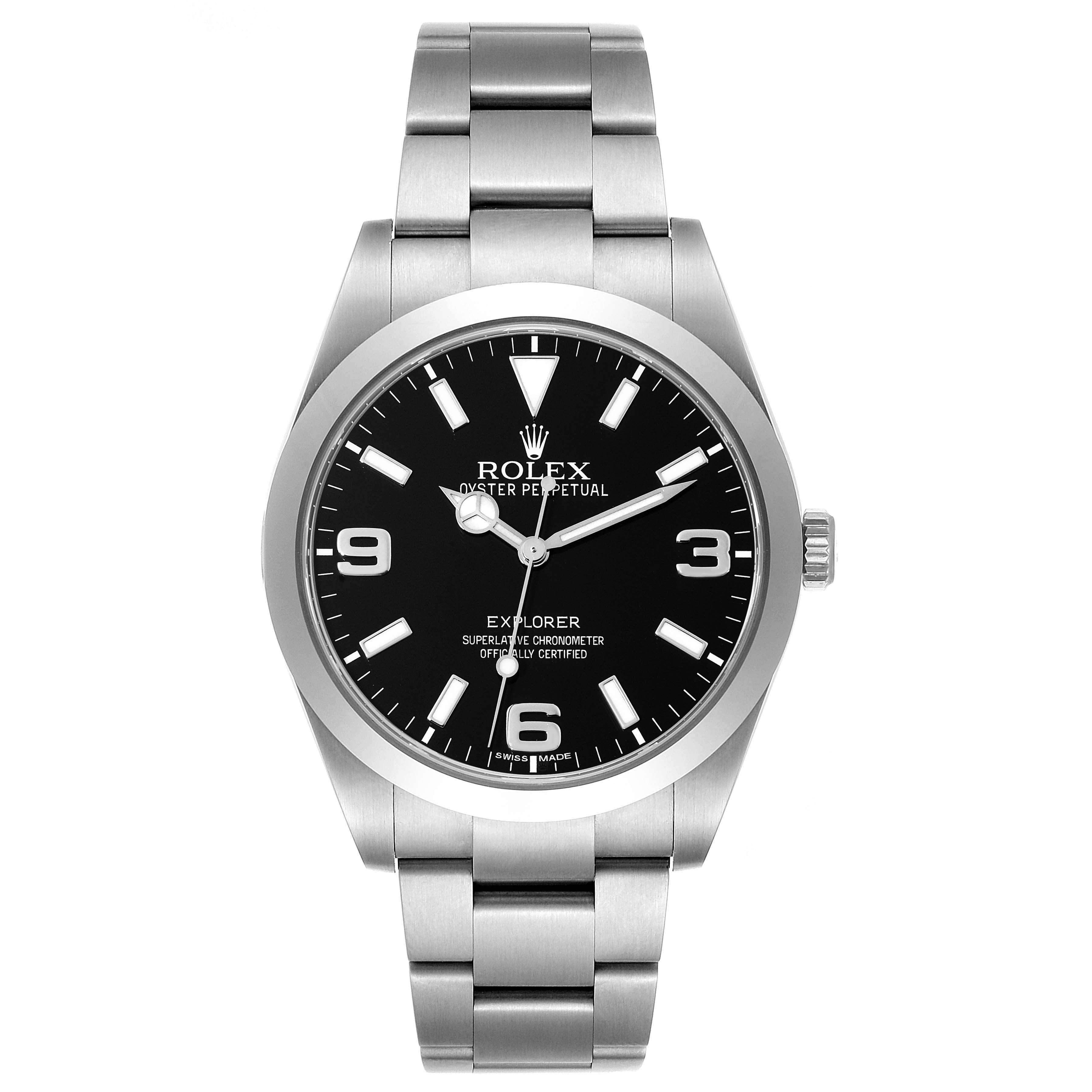 This image shows a front view of a Rolex Explorer 214270 Men
s Stainless Steel Black Dial 214270 Men
s Stainless Steel Black Dial watch, highlighting its black dial and stainless steel bracelet.