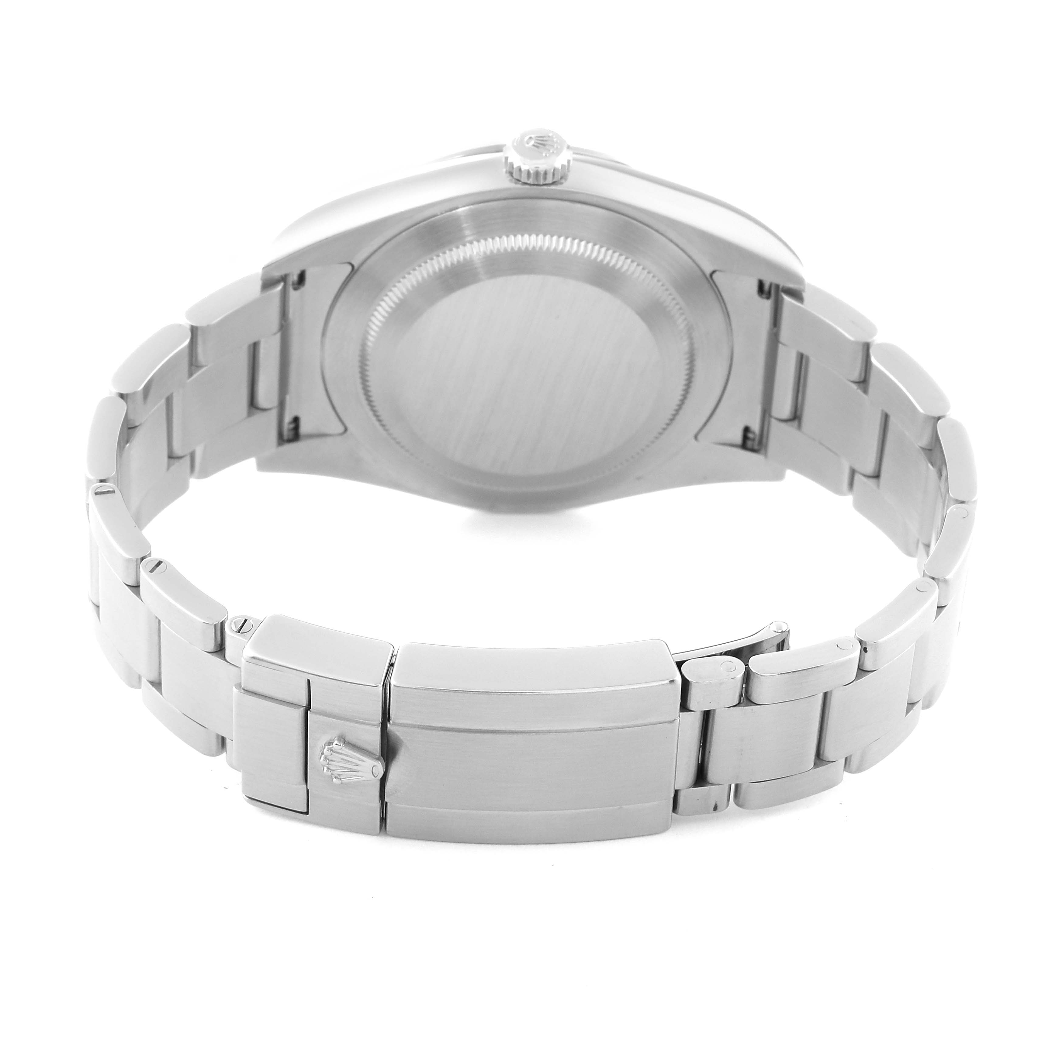 The image shows the back view of a Rolex Explorer 214270 Men
s Stainless Steel Black Dial 214270 Men
s Stainless Steel Black Dial model watch, highlighting the case back and metal bracelet with clasp.